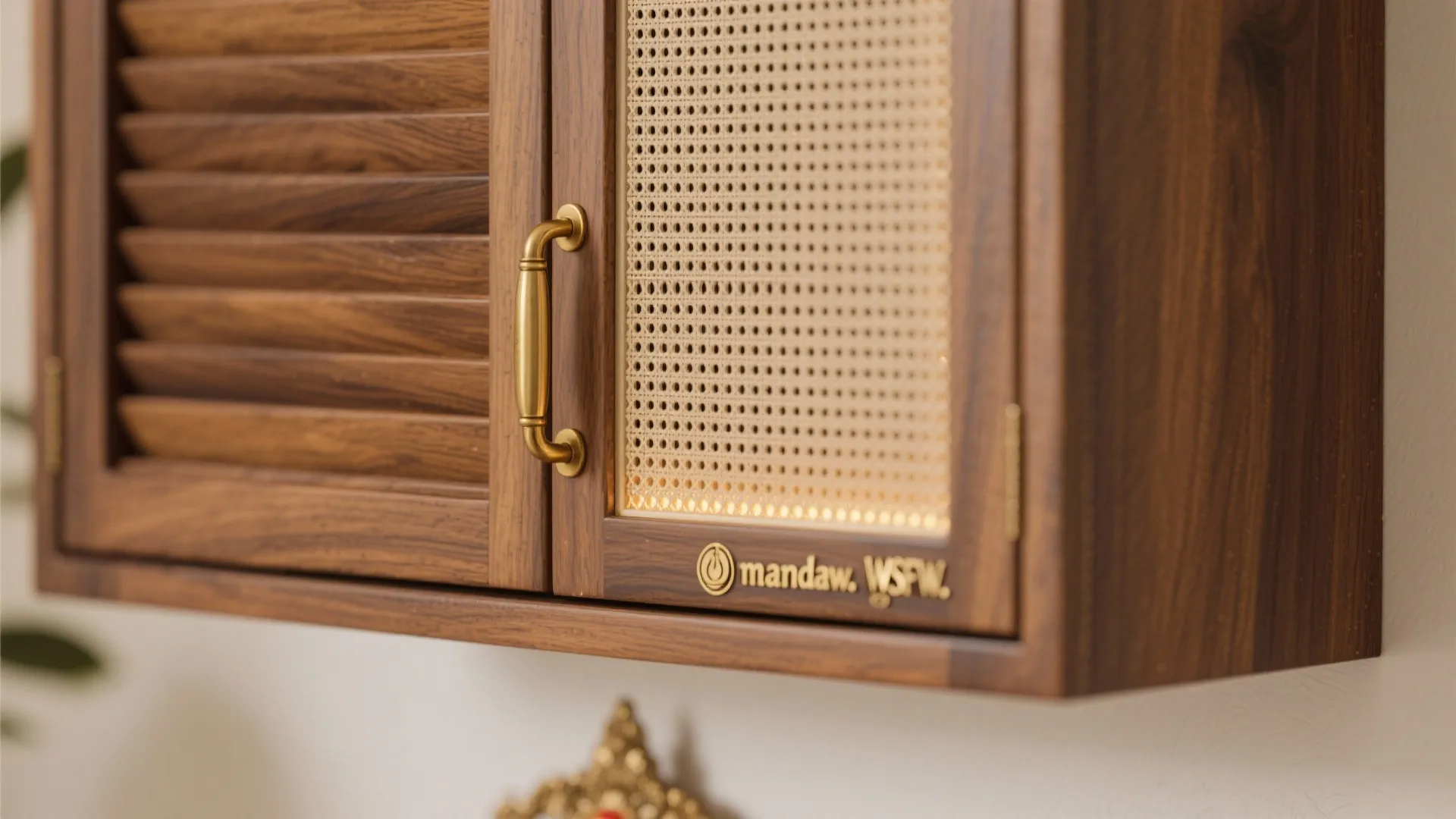 Close-up of a dark wood cabinet door with a gold metal handle and woven mesh