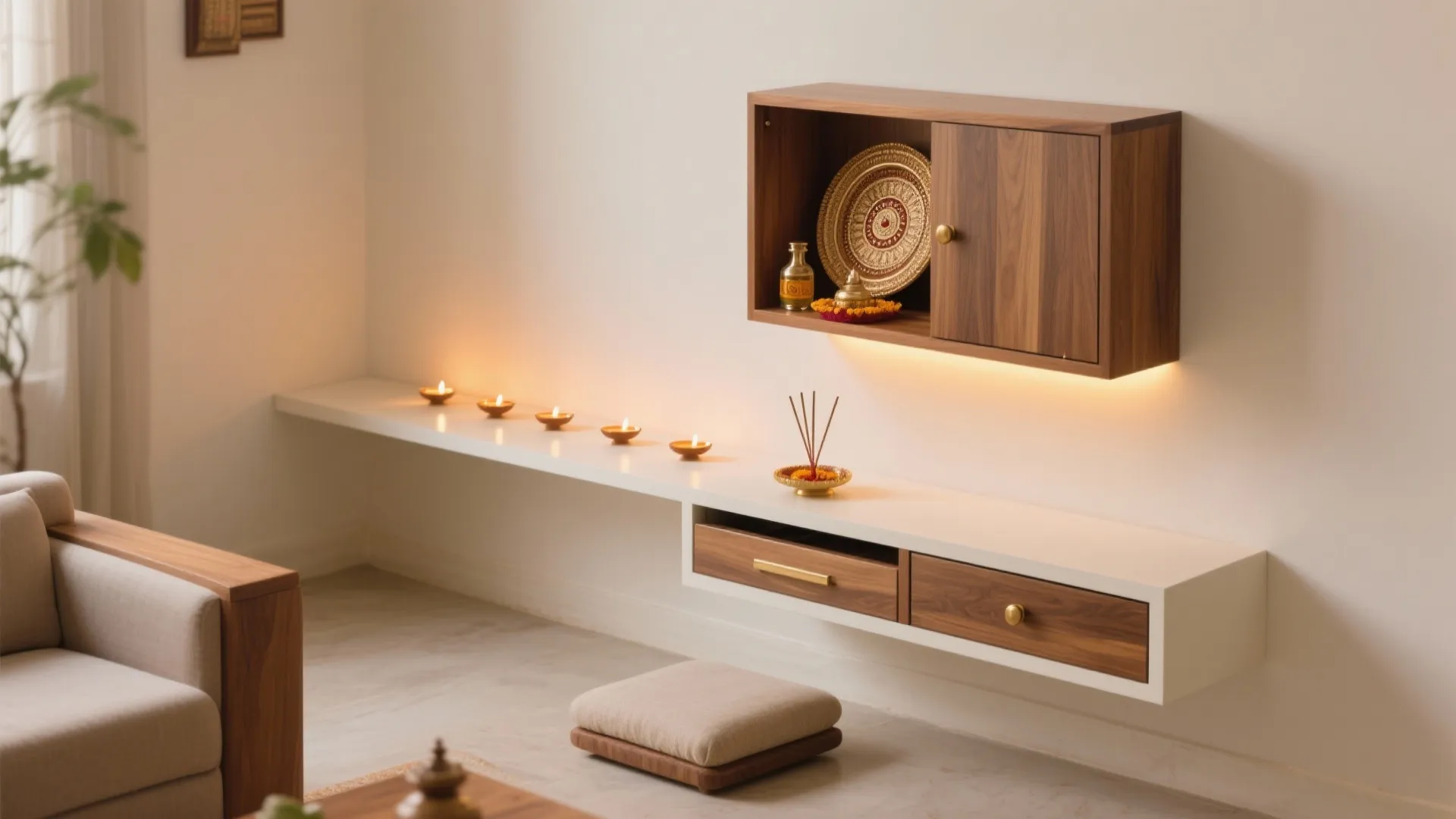 Minimal wall-mounted mandir storage