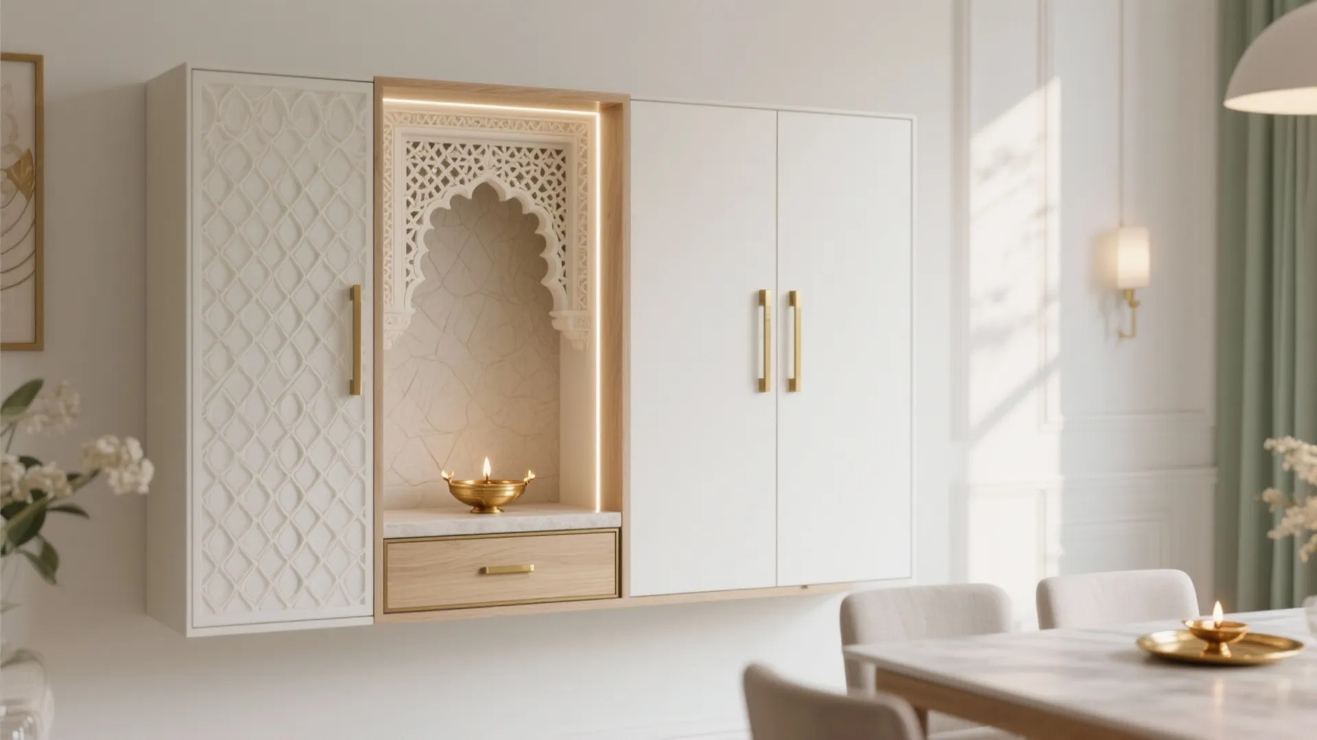 Minimalist mandir wall with concealed storage