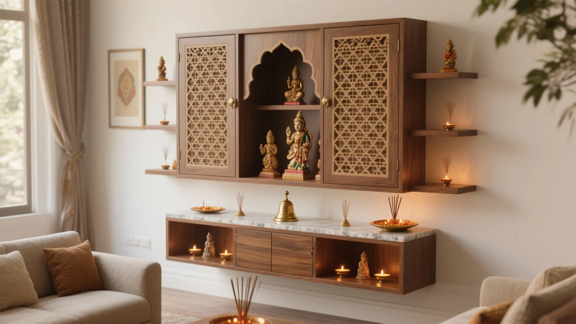 Wall-mounted mandir cabinet with jali and storage