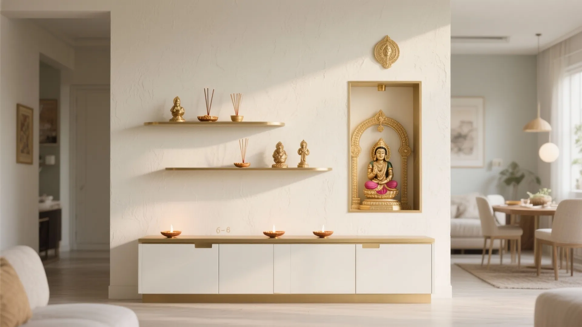 Minimalist white wall featuring gold shelves and a small religious statue in a modern living room