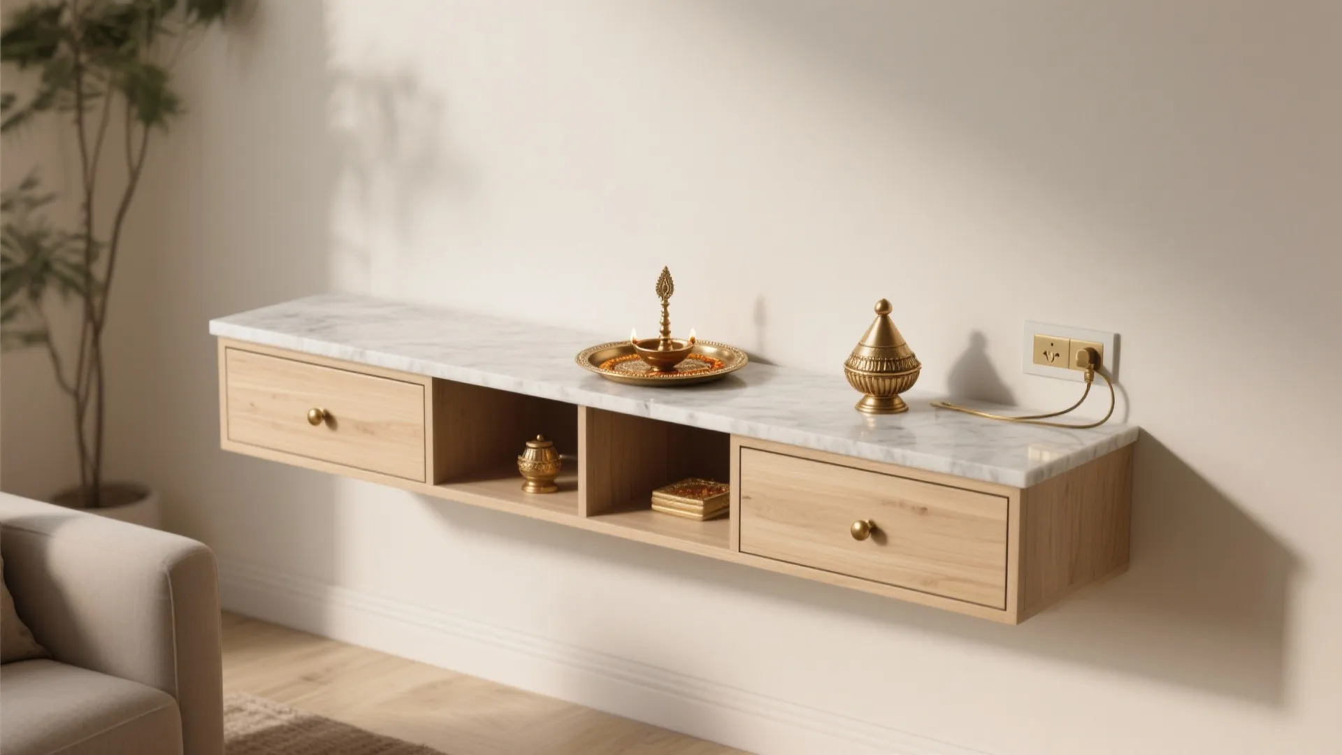 Minimalist Mandir Wall With Concealed Storage