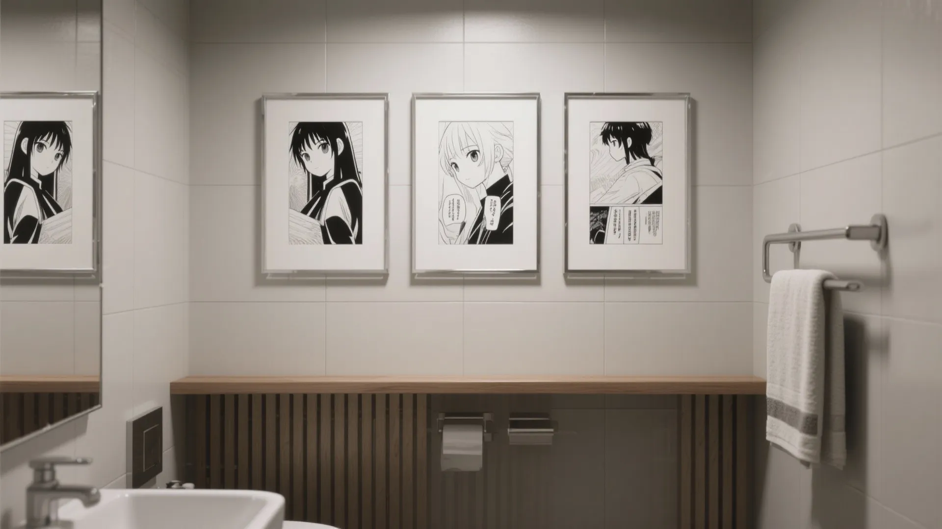 Minimalist manga panel prints in acrylic frames mounted above a towel rail in a neutral tiled small bathroom.