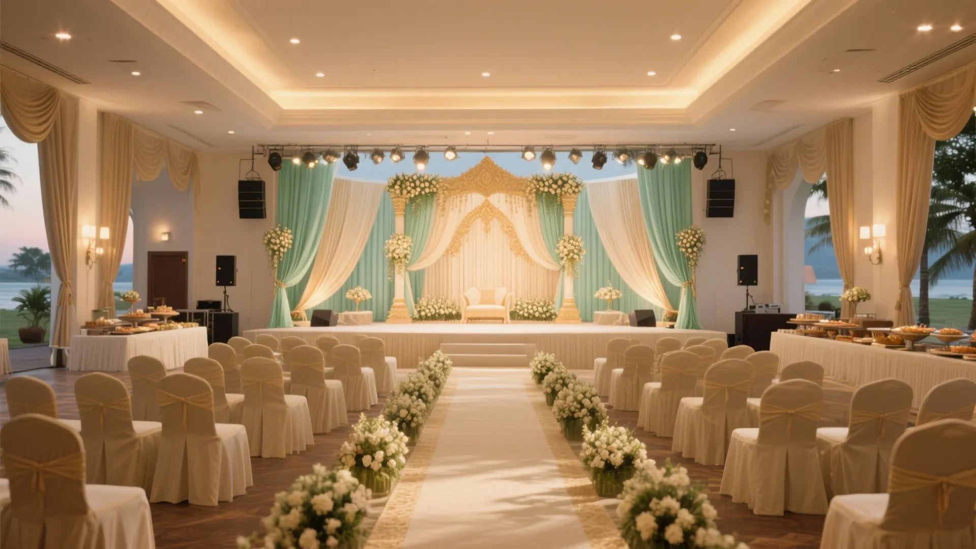 Elegant wedding hall with rows of chairs leading to a decorated stage with green curtains