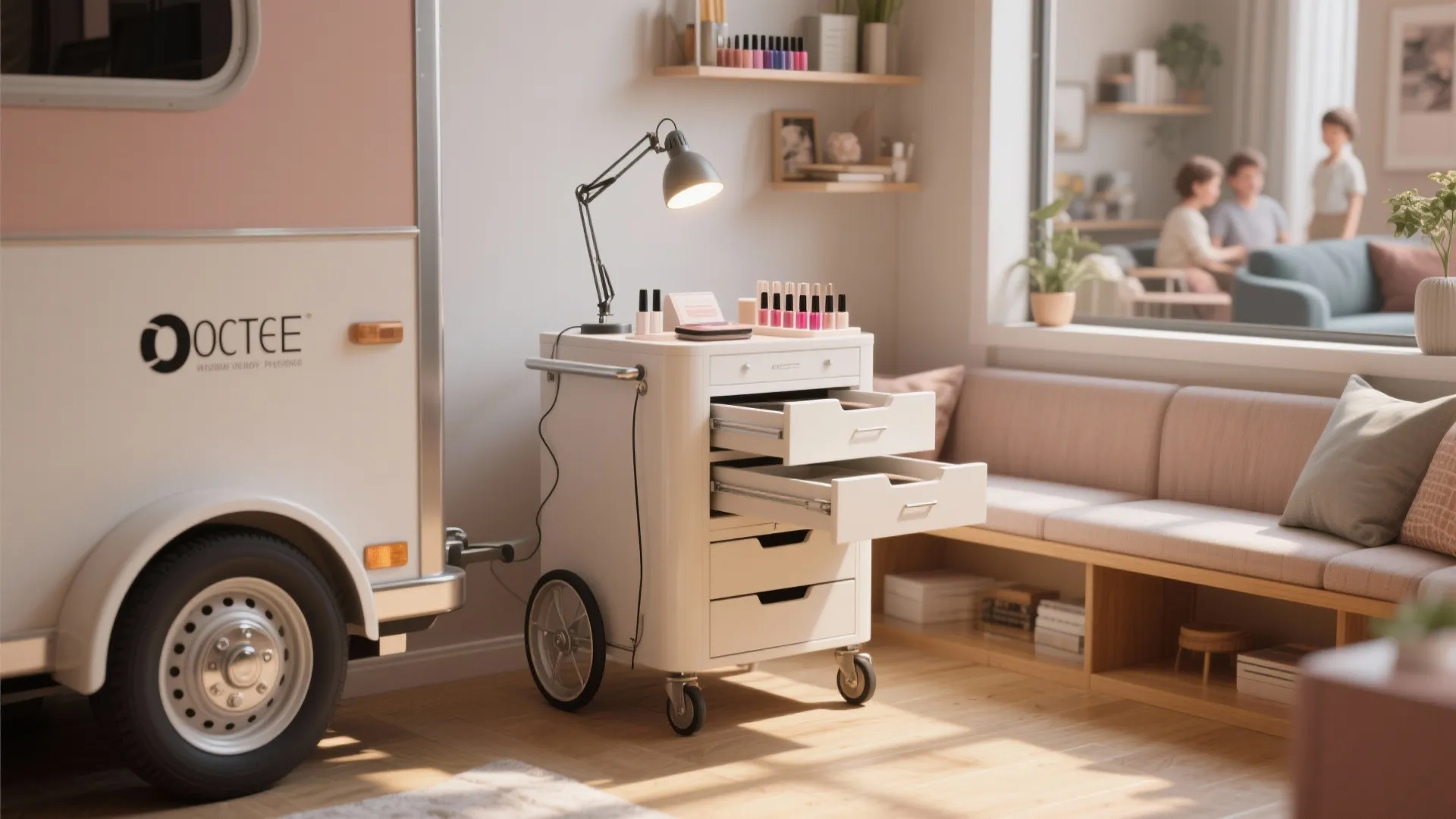 White rolling storage cart with open drawers, desk lamp, and nail polish in a room
