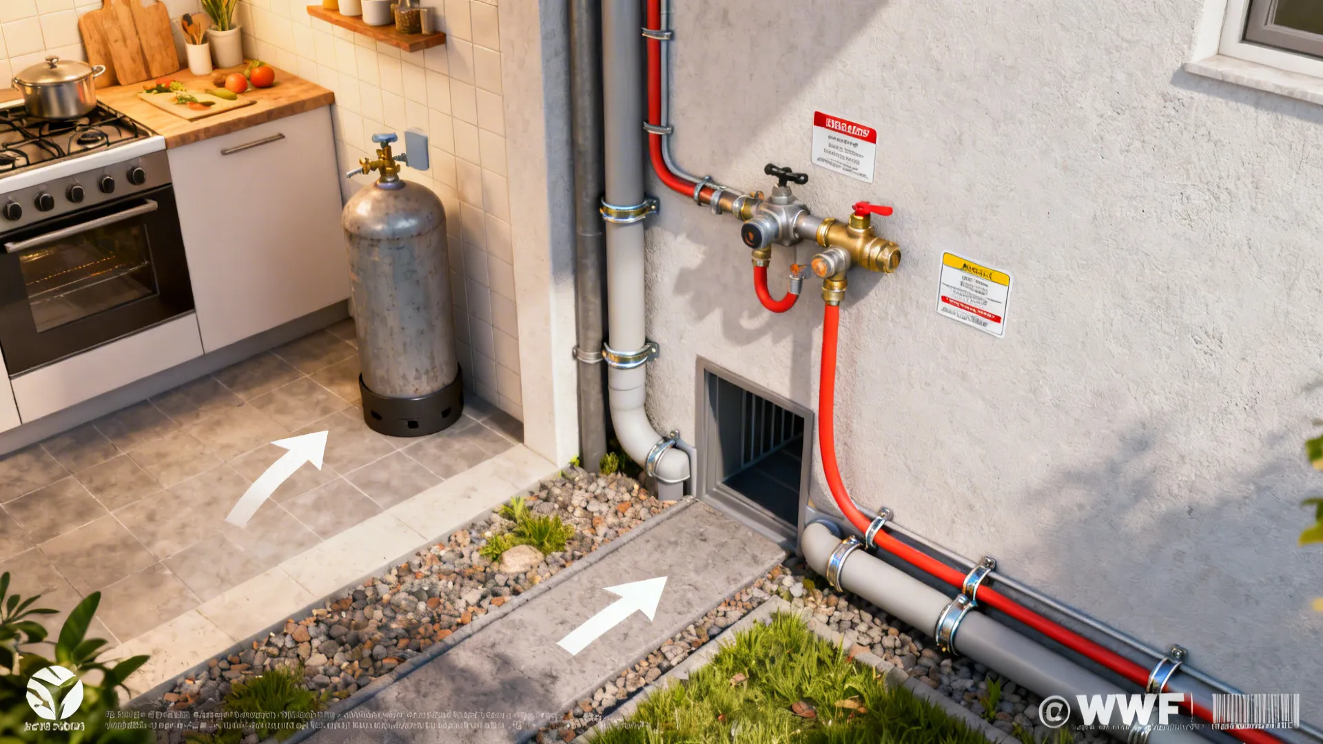 Top-down layout showing cylinder position and a wall-mounted quick-release manifold with protected hose routing.