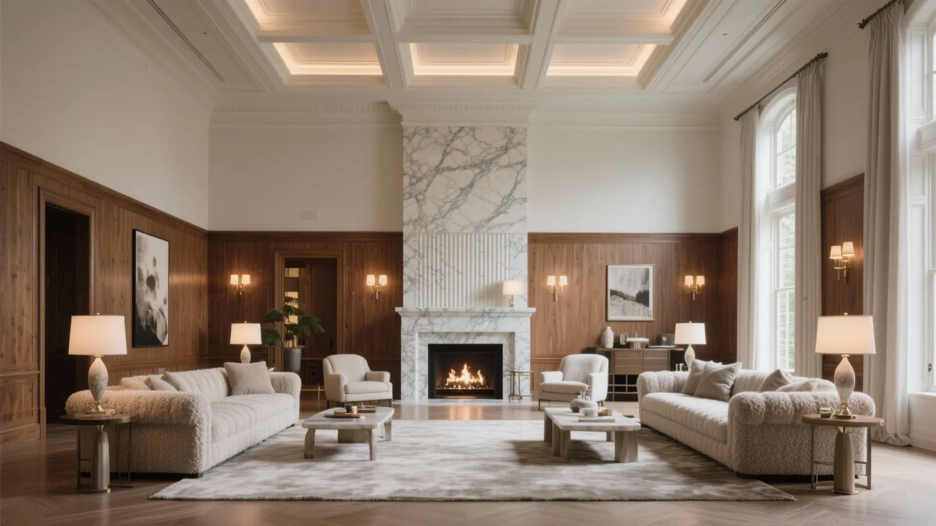 Luxury living room with marble fireplace wood wall panels white sofas and lamps on side tables