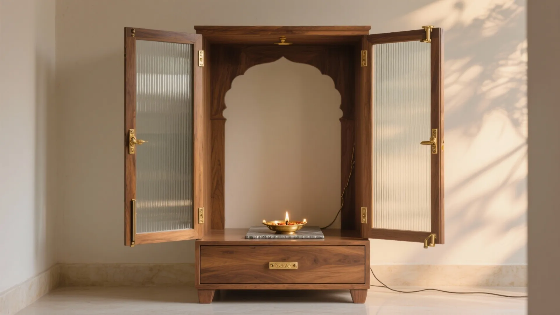 Compact floor-standing mantapa with folding doors