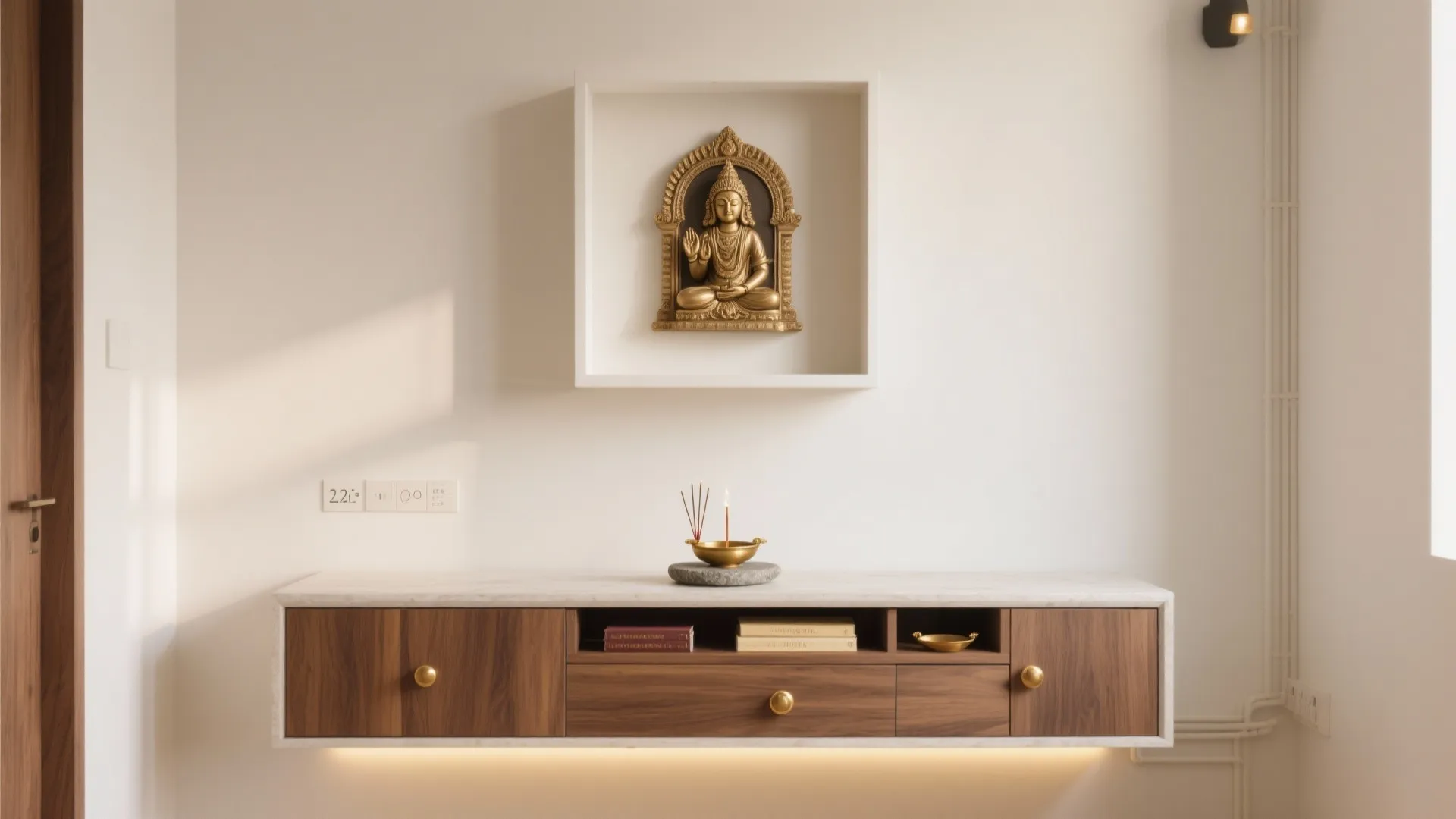 Minimal wall-mounted mantapa with concealed storage