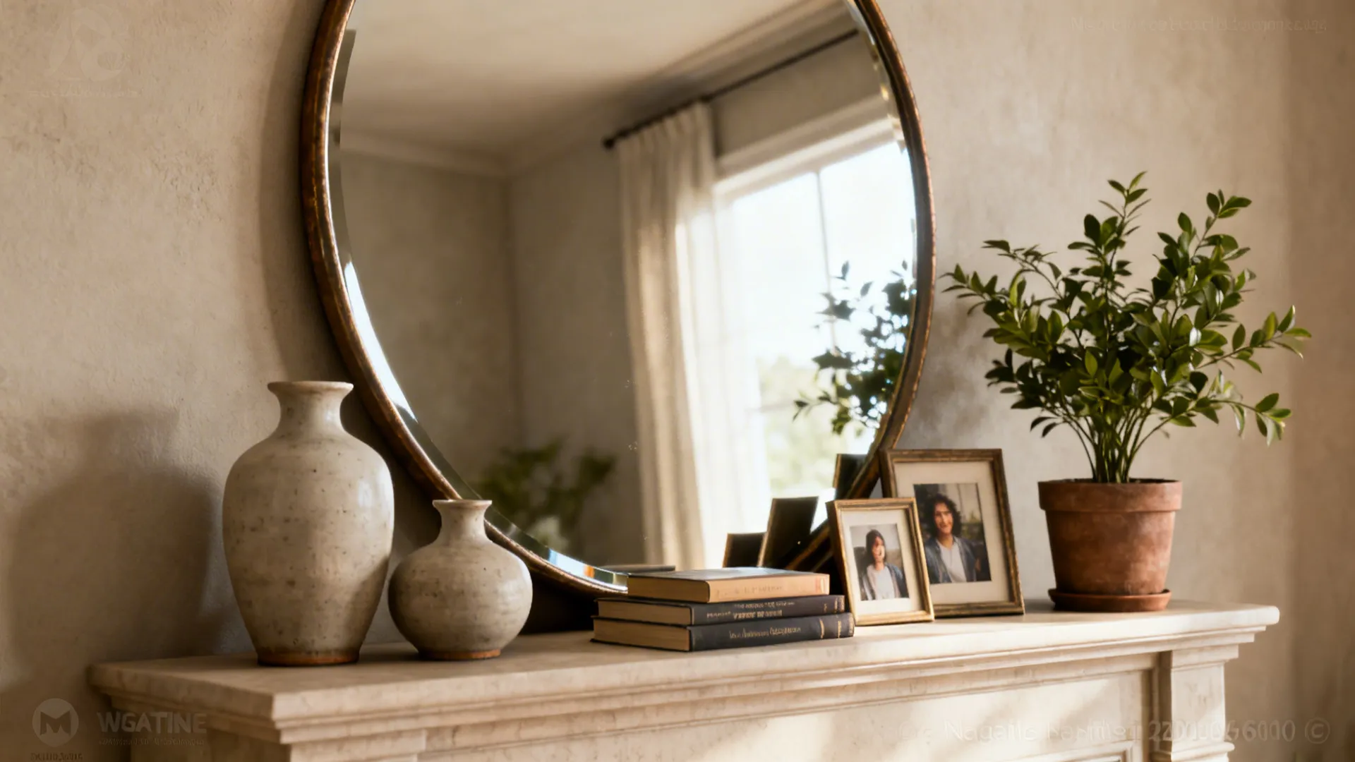 Round mirror on mantel with ceramic vases books photo frames and green potted plant decor