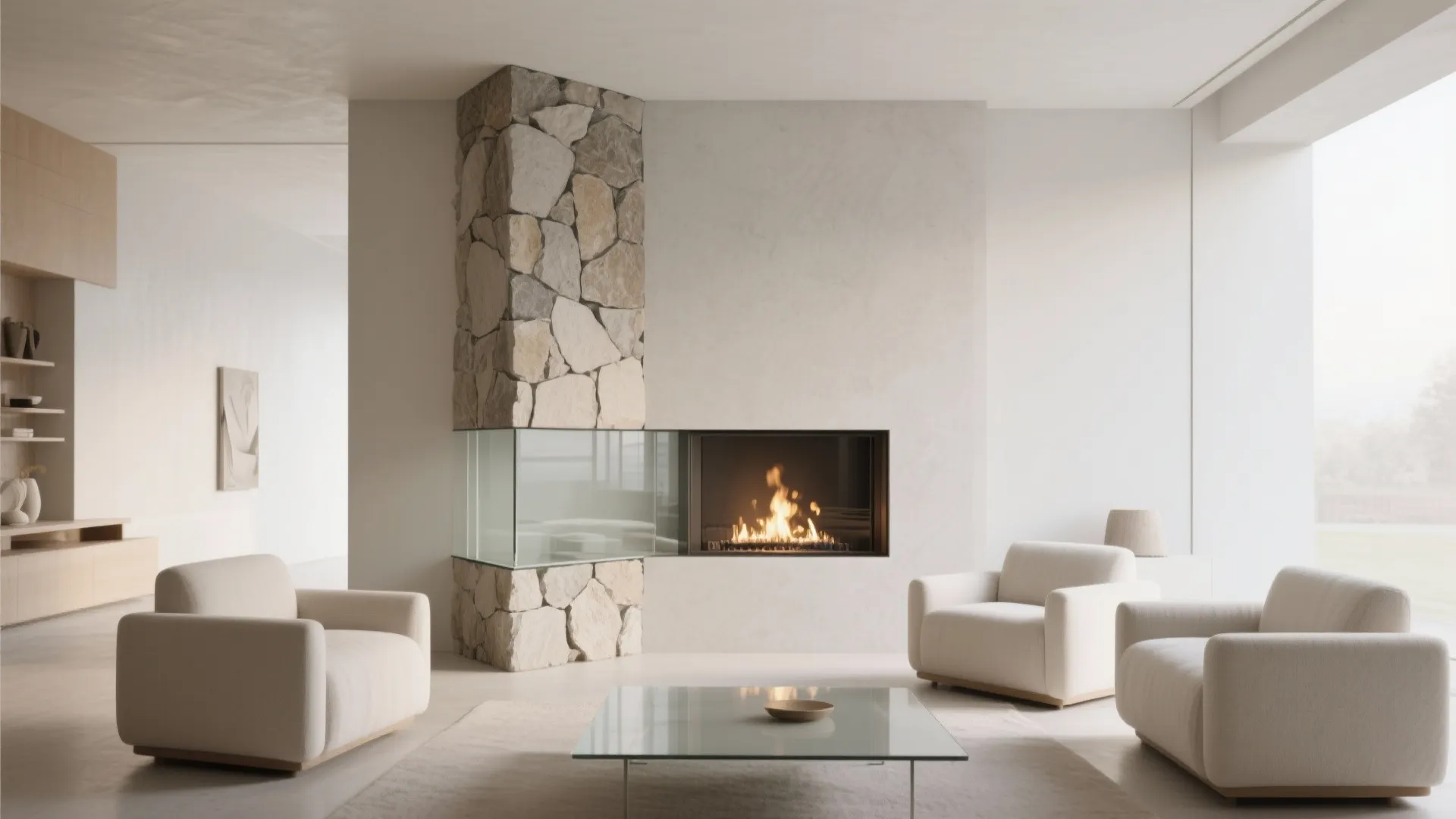 3) Mantel-free minimalism with stone or microcement
