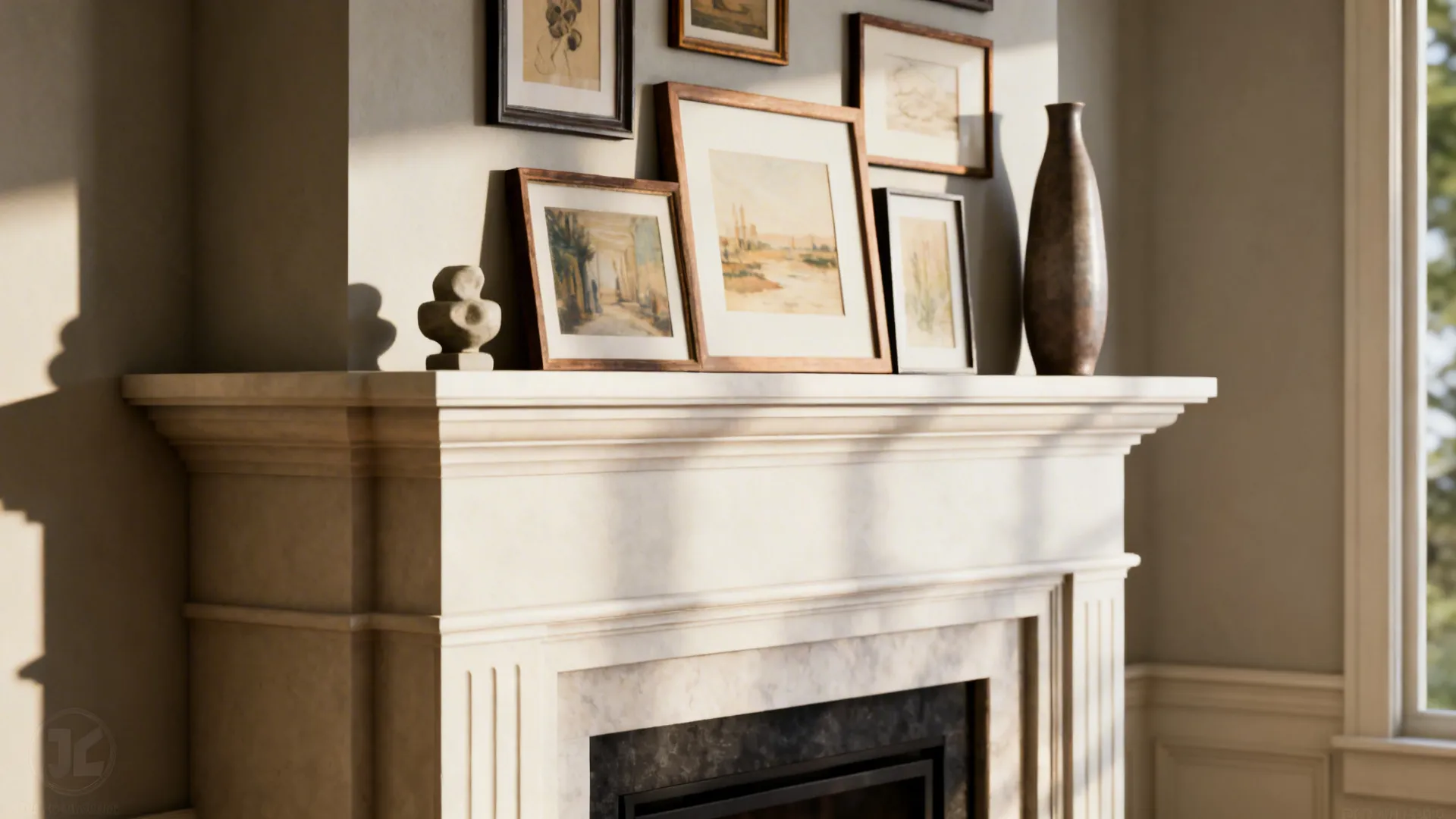 Layered gallery ledge above a corner mantel with framed prints, a sculpture, and a tall vase