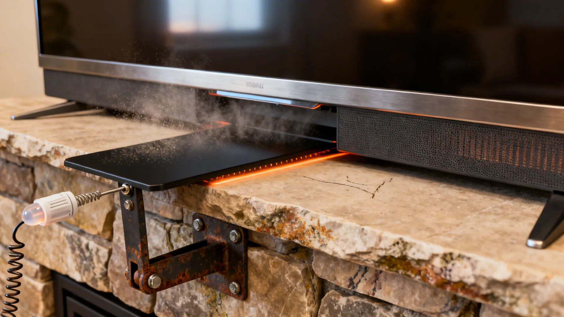Close-up of a TV above a stone mantel with a visible heat shield and tilted mount for safety.
