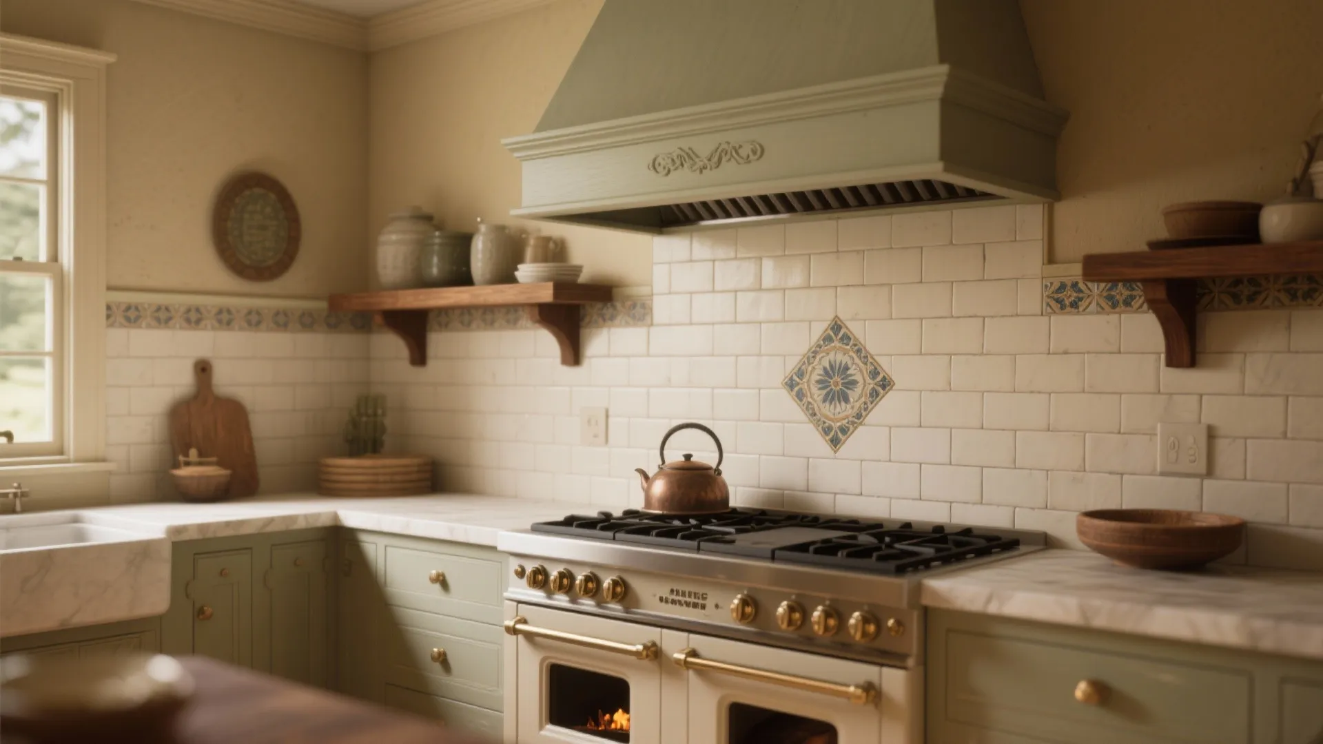 3. A mantel-style range hood and vintage-inspired backsplash