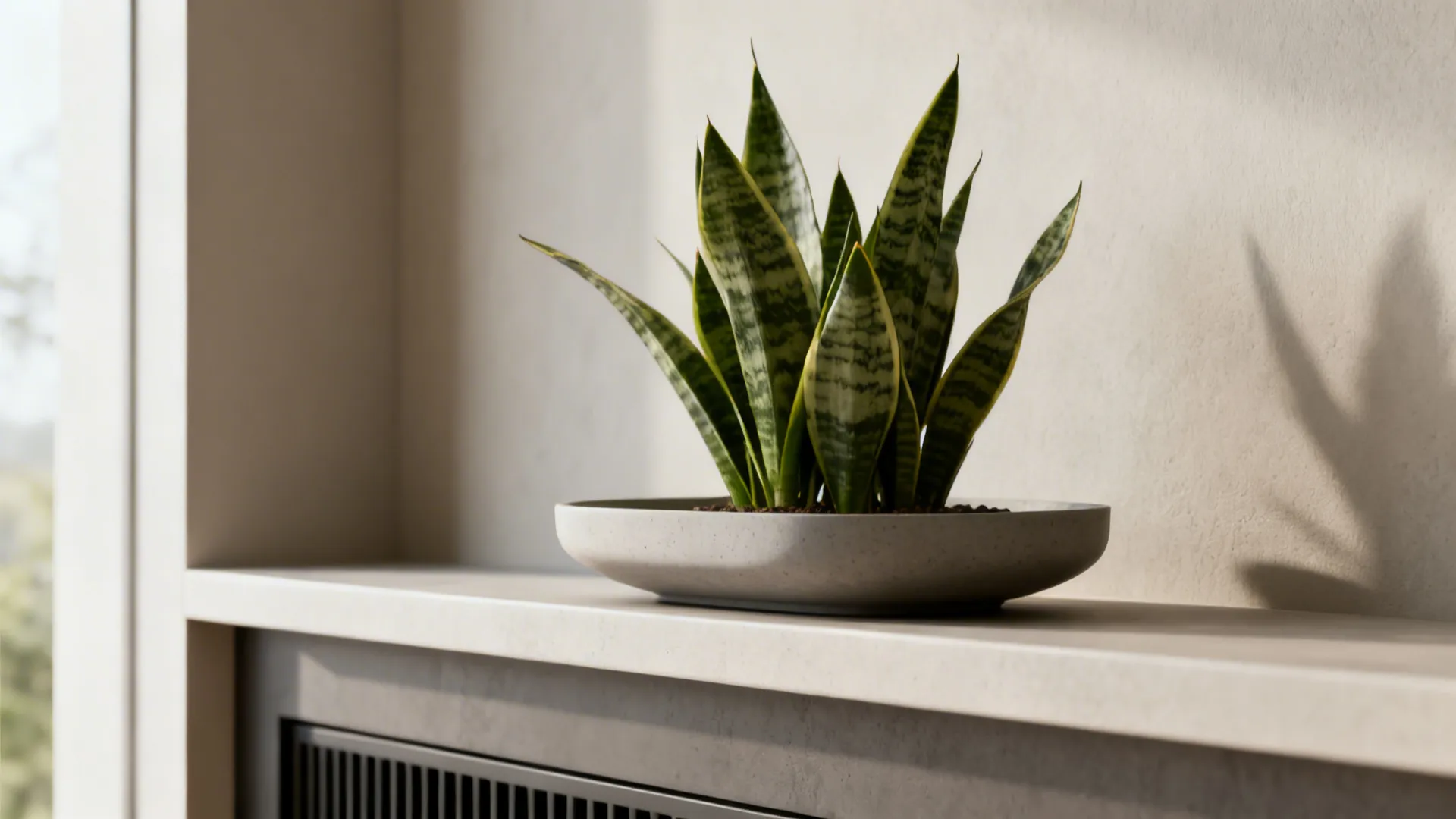 Minimalist mantel with a shallow planter holding a low snake plant, creating calm geometry.