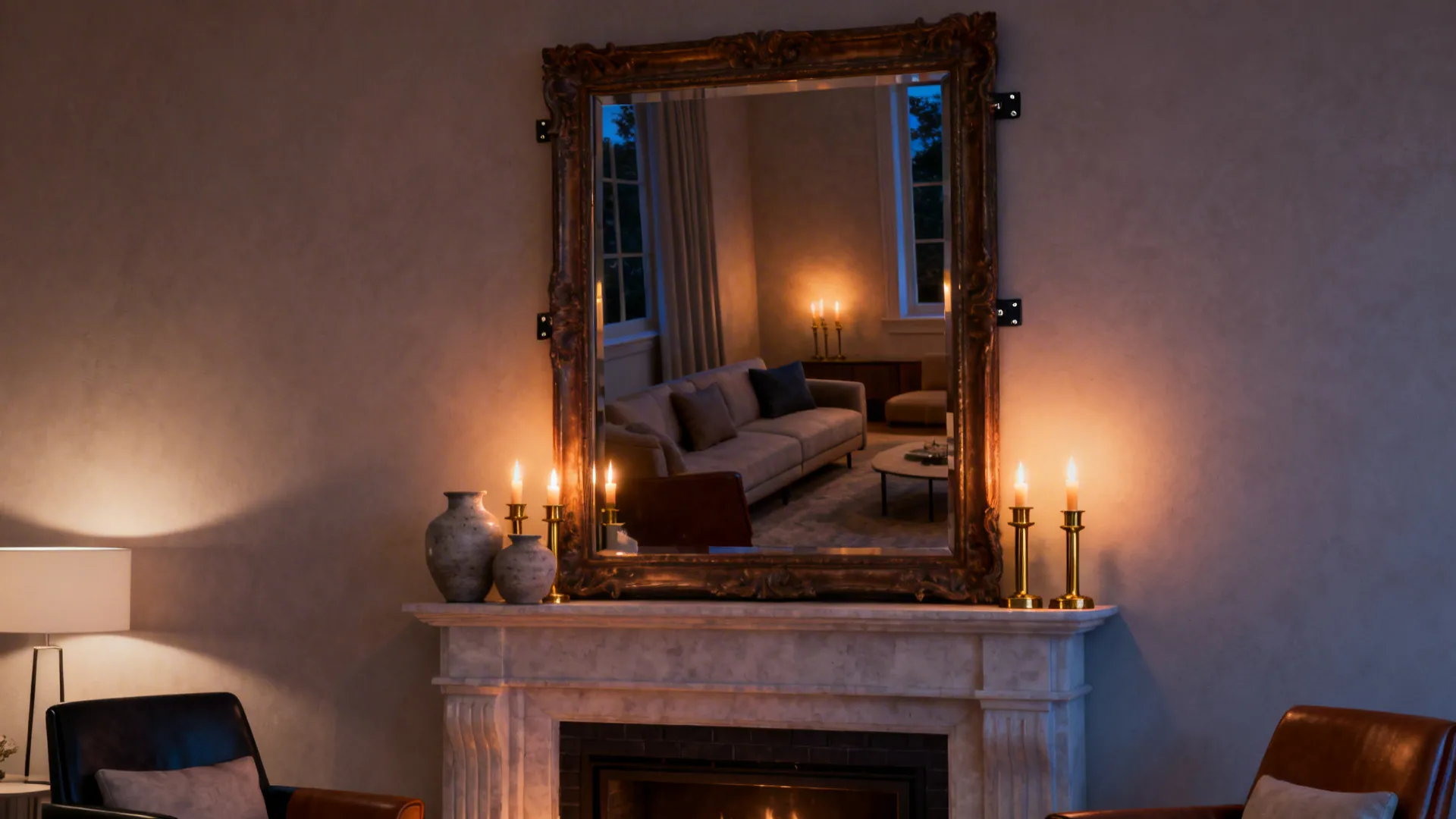 Oversized decorative mirror above a mantel reflecting candlelight and doubling the fireplace's presence.