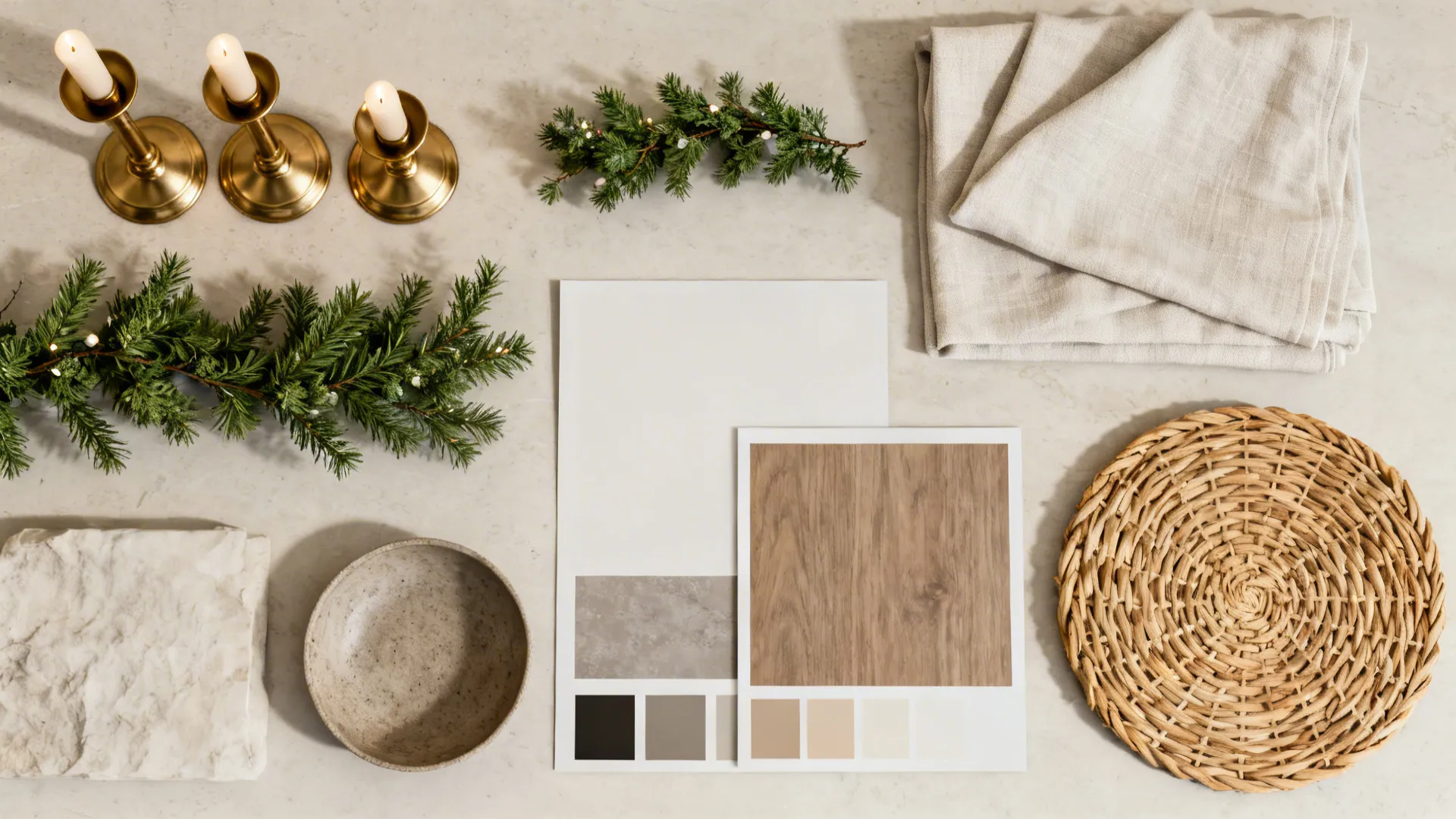 Flatlay of curated seasonal mantel decor: brass candlesticks, garland, woven basket and linens.