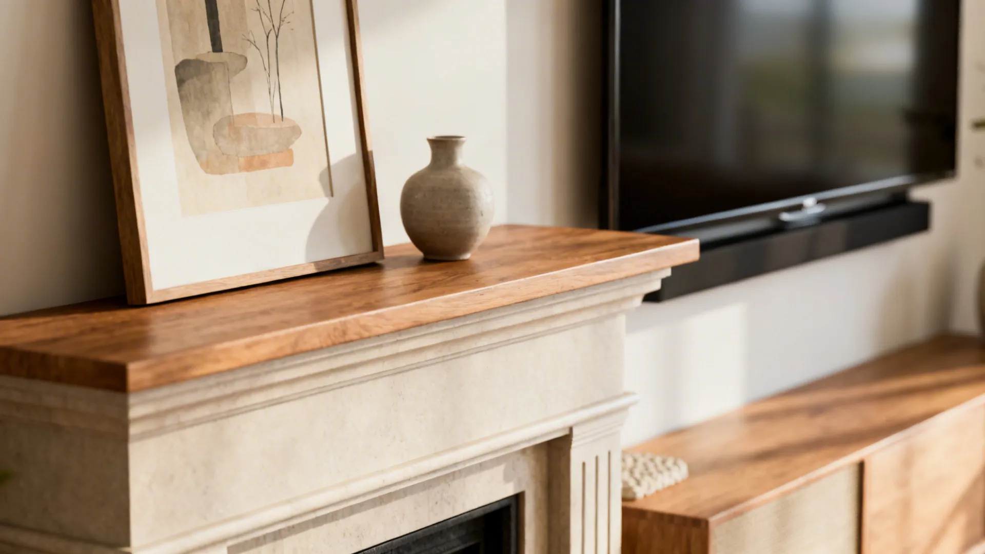 Close-up of a low-profile mantel styling with minimal decor that complements a nearby TV.