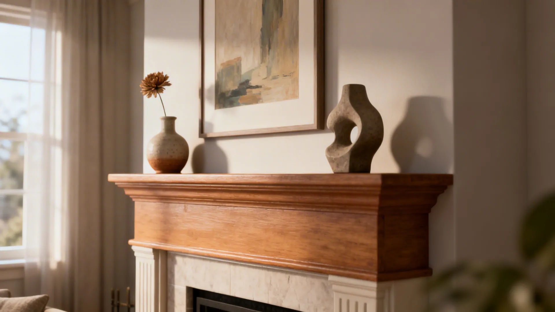 Close-up of a styled mantel with a dominant artwork and two smaller accents.