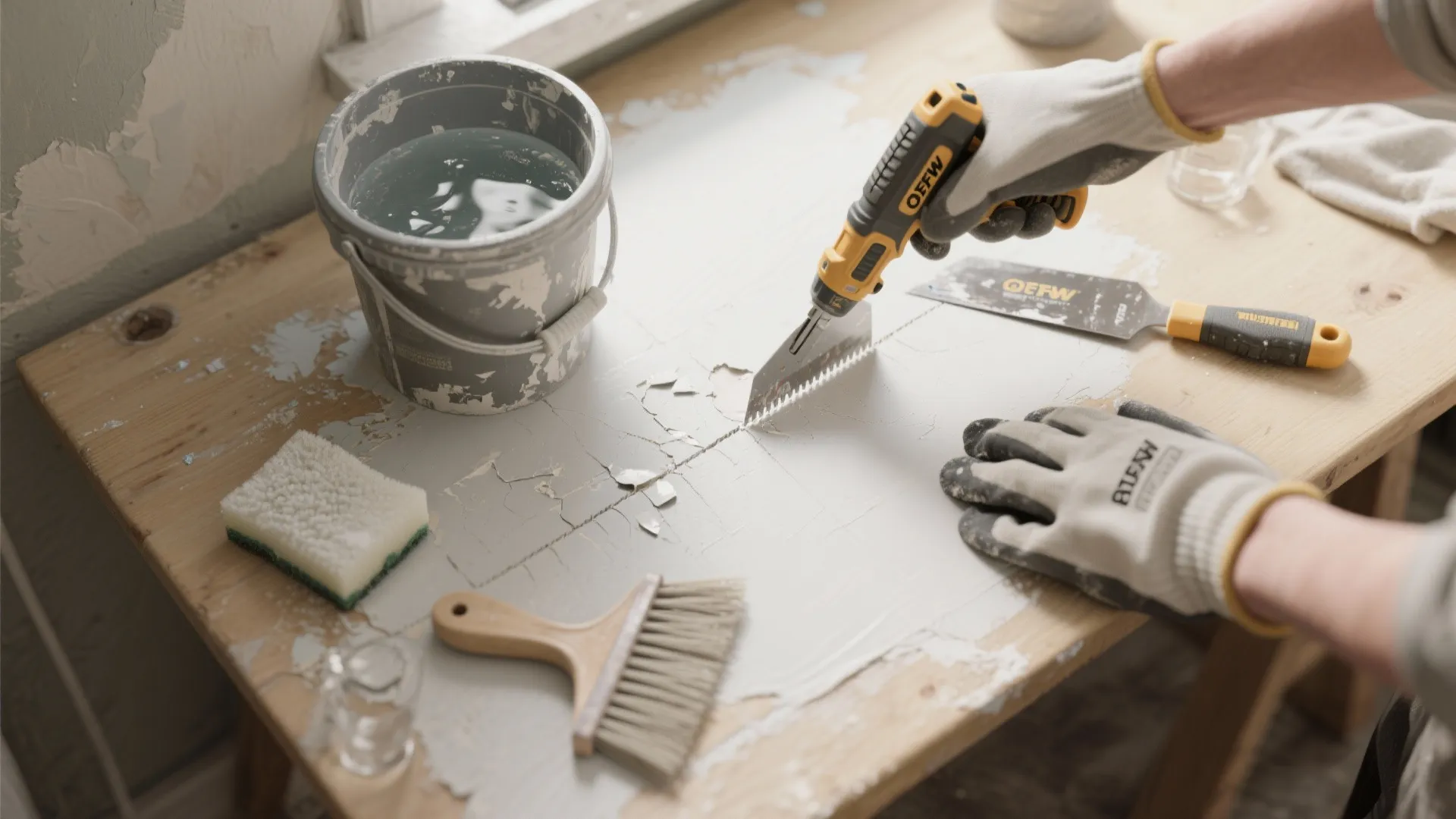 Person in gloves uses small hand tool to scrape white paint off a wooden surface
