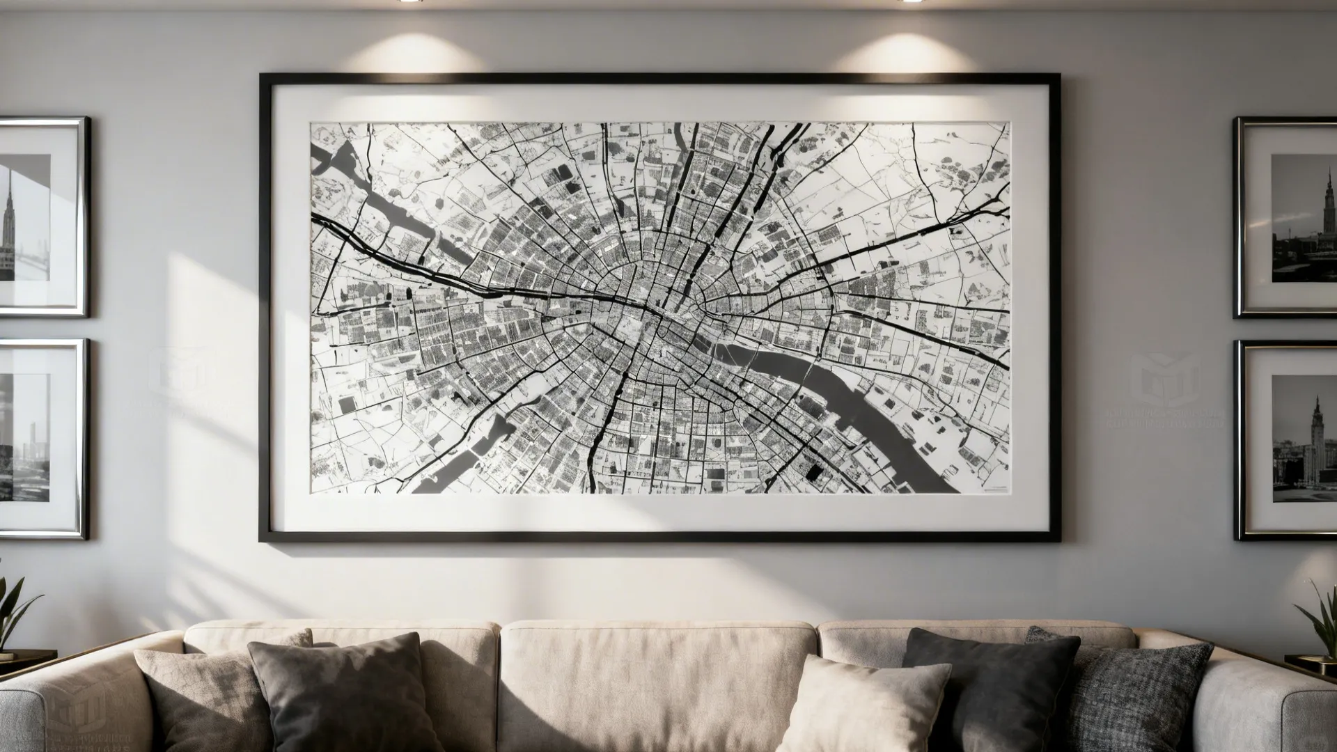 Living room with a wide framed black-and-white custom map above the sofa as a personal focal point.