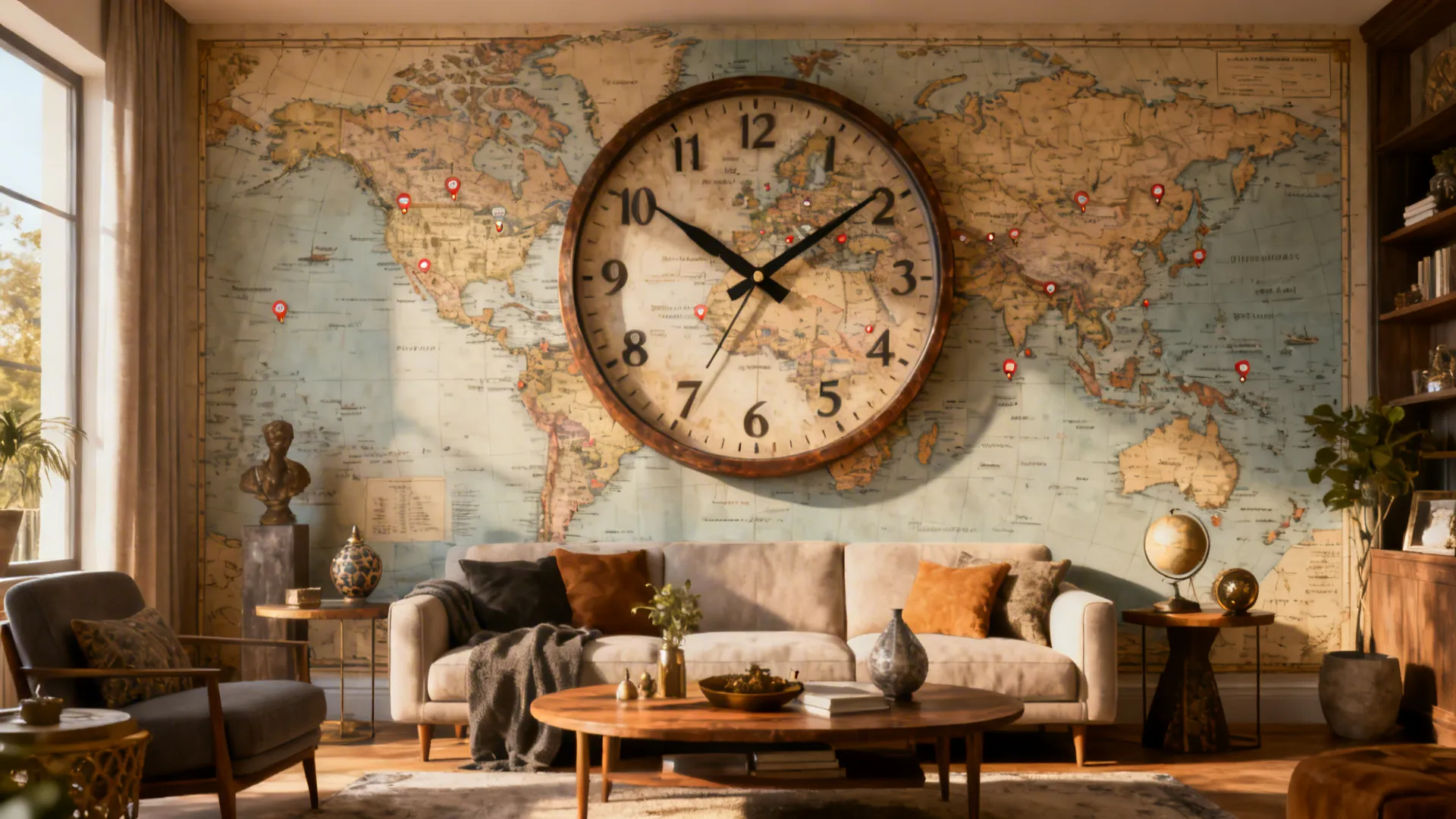 Custom map mural integrated with an oversized clock, marked favorite cities