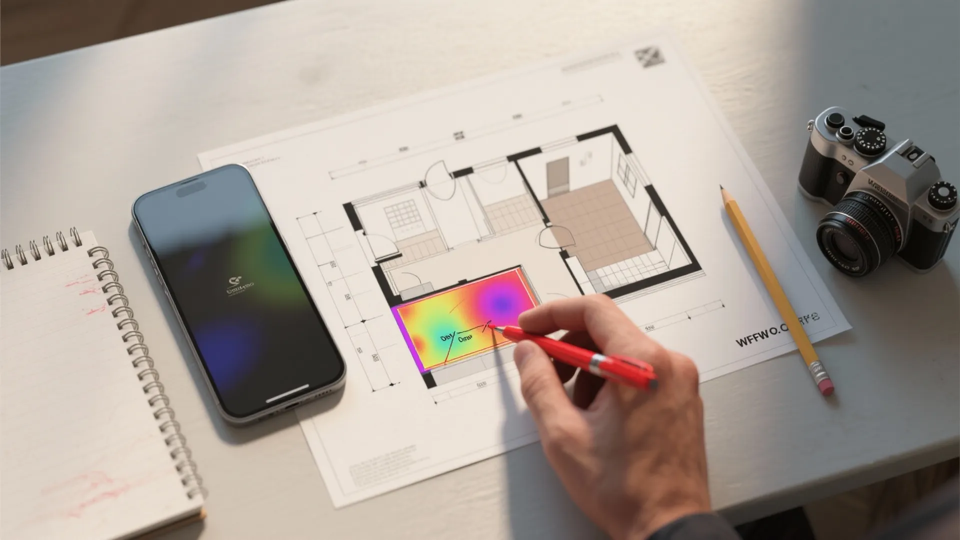 A hand drawing a colorful heat map over a floor plan on a desk with phone