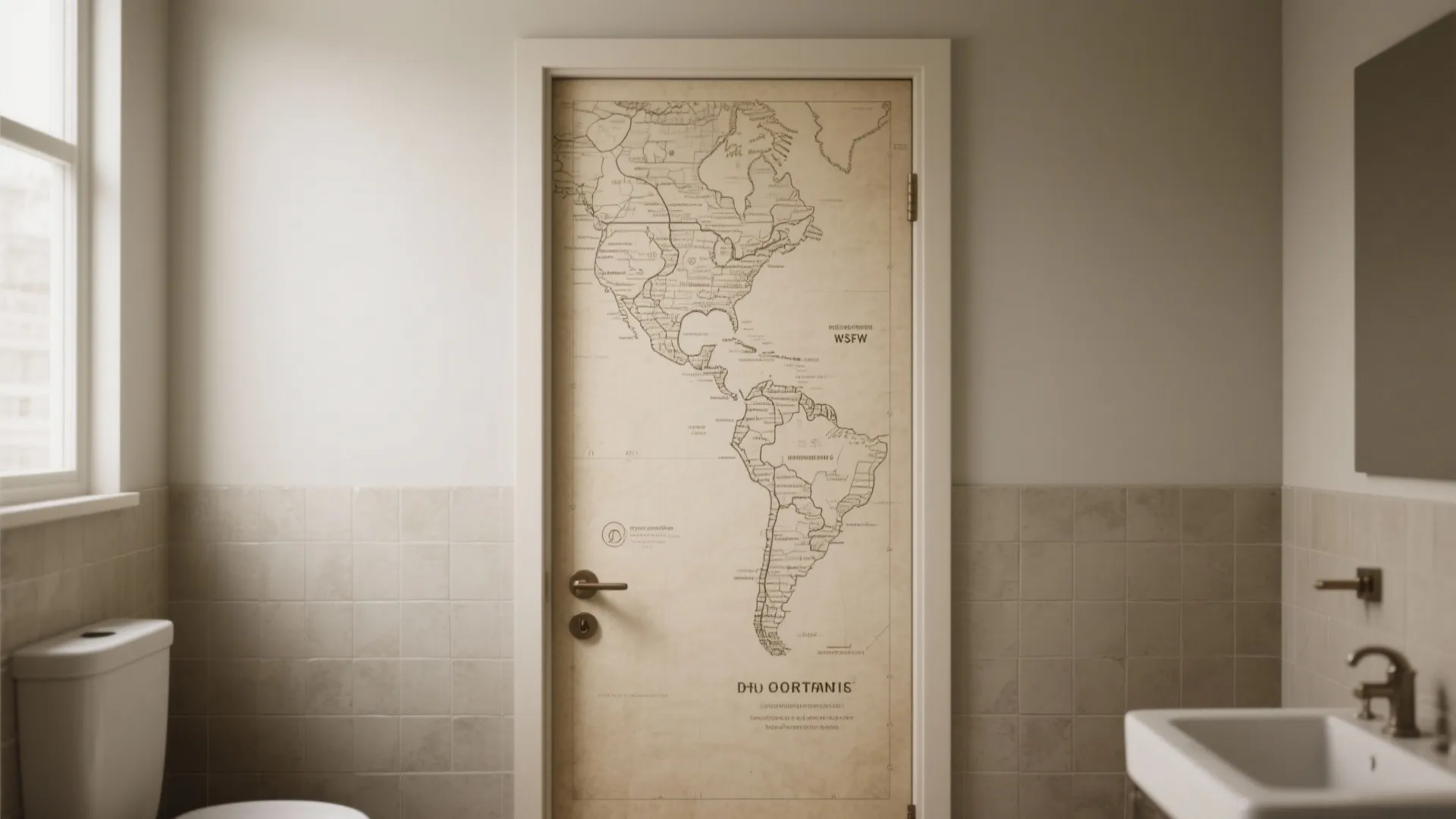 A white bathroom door featuring a vintage world map design near a toilet and sink