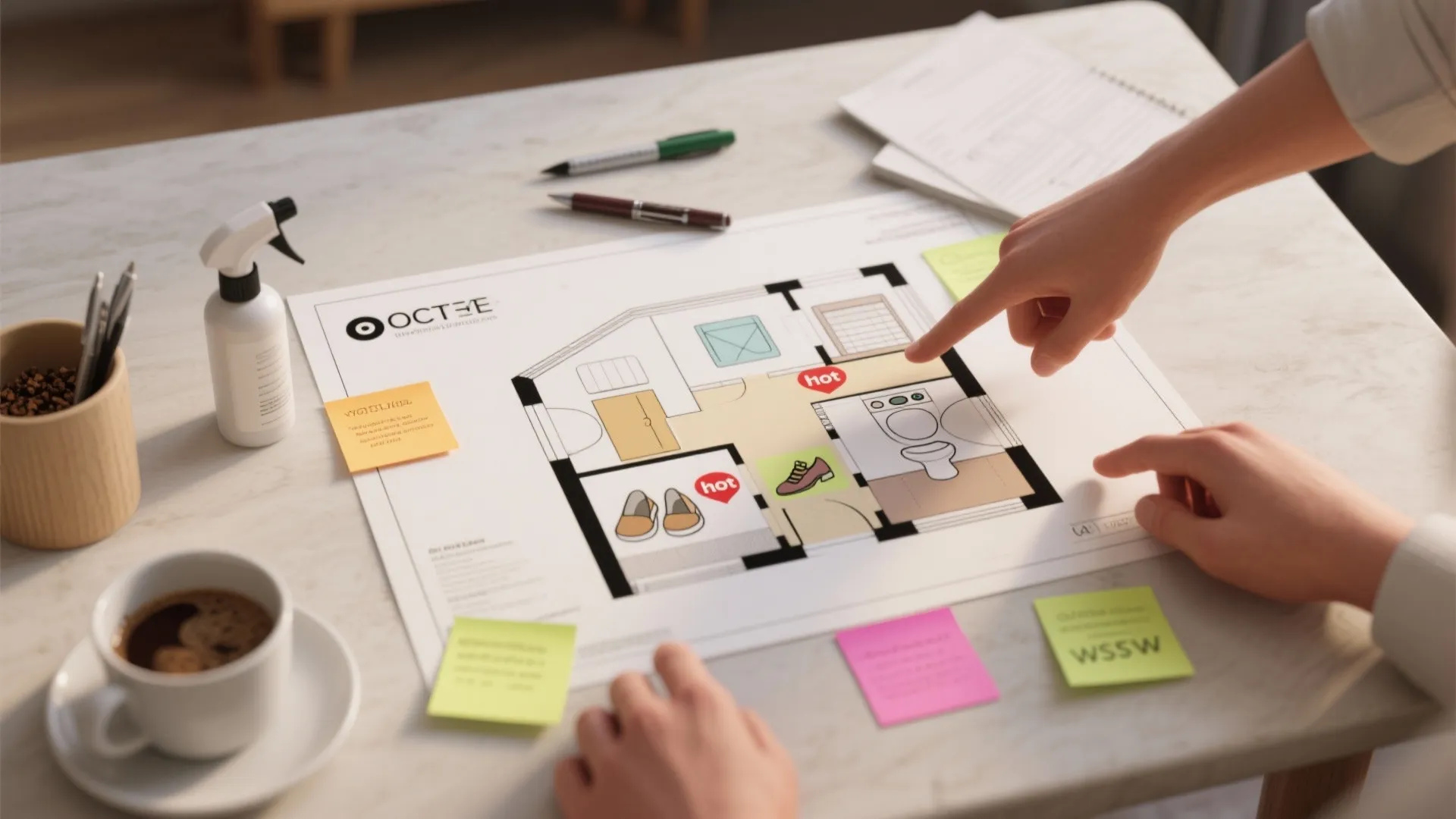 Top-down view of a floor plan with sticky notes marking scent hotspots, a small spray bottle and pens for rotating dispenser locations.