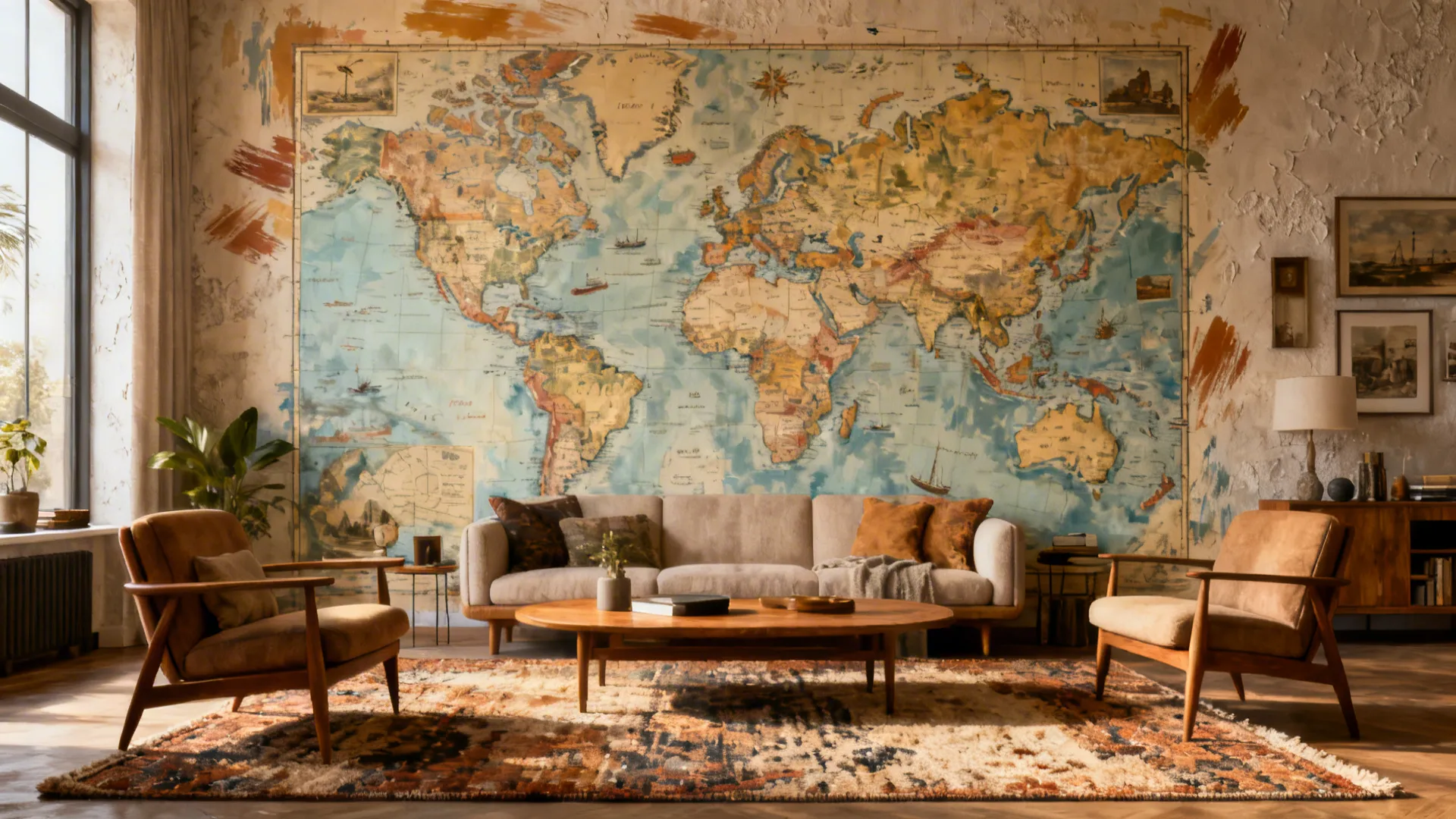 Living room with a hand-painted travel map mural behind the sofa and layered decor