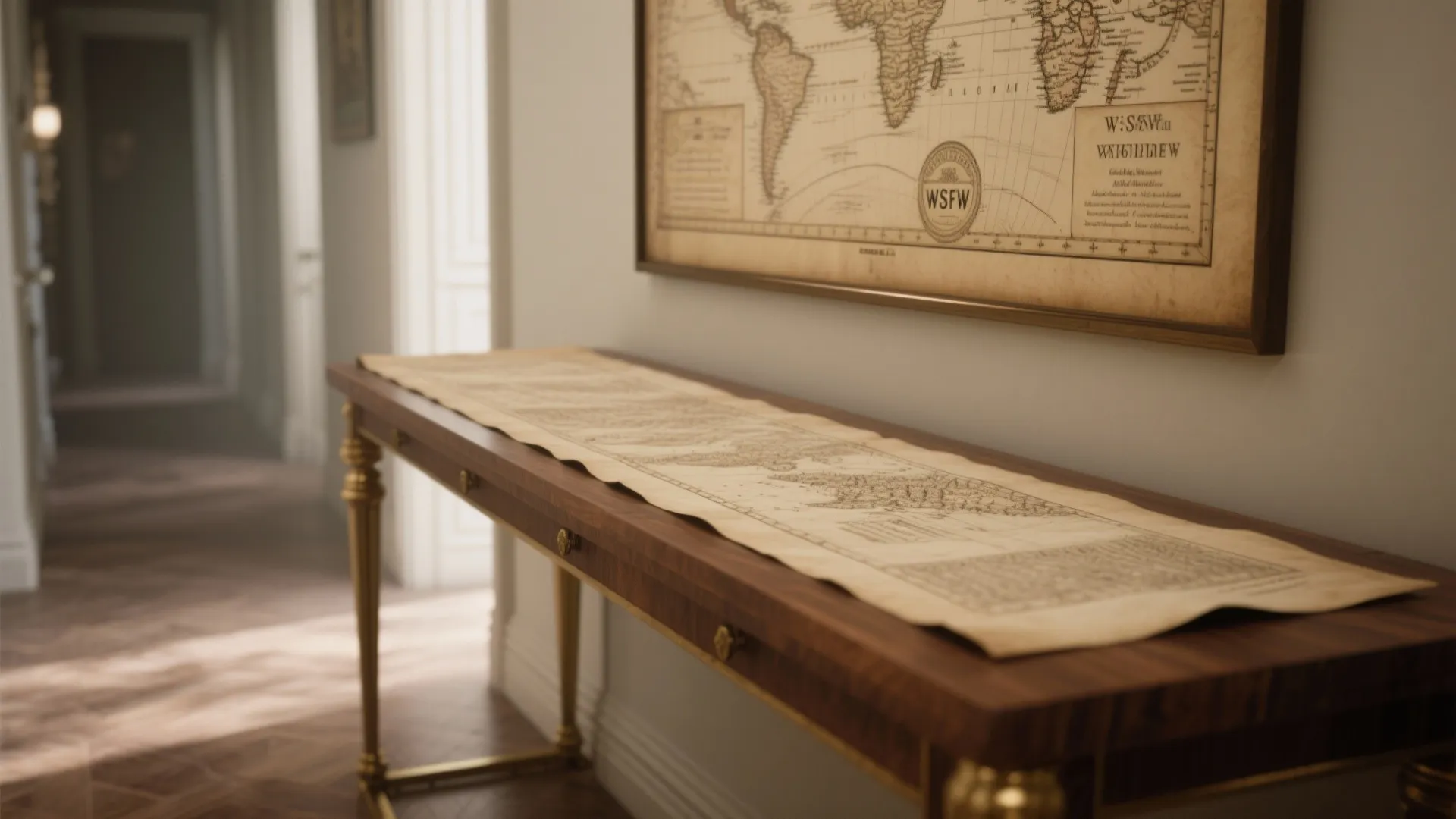 A wooden hallway table featuring a world map runner and matching framed wall art piece