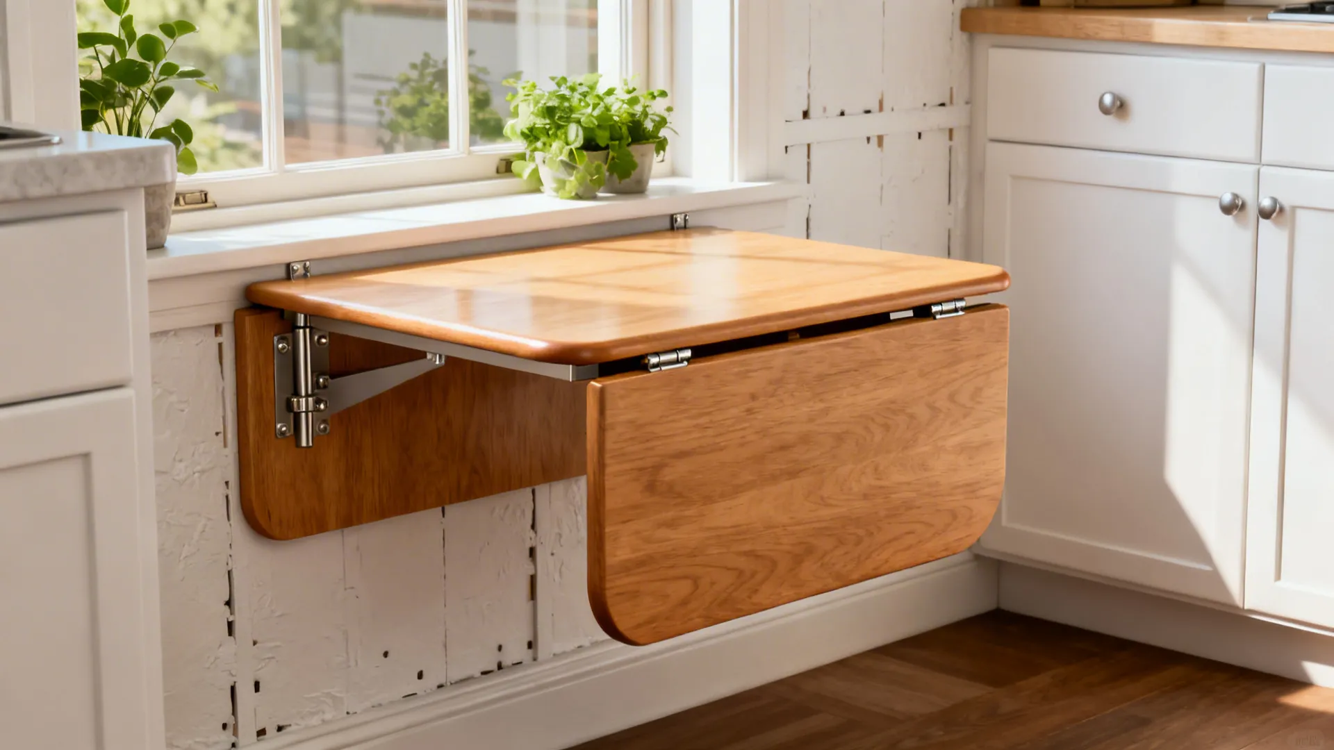 Maple wall-mounted drop-leaf table by a window in a bright small kitchen.