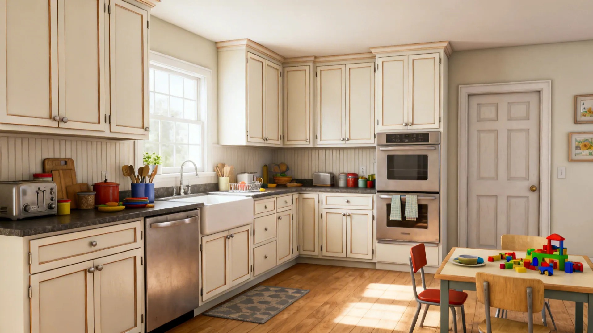 Small kitchen with narrow-rail Shaker maple doors in satin enamel and soft-close hardware.