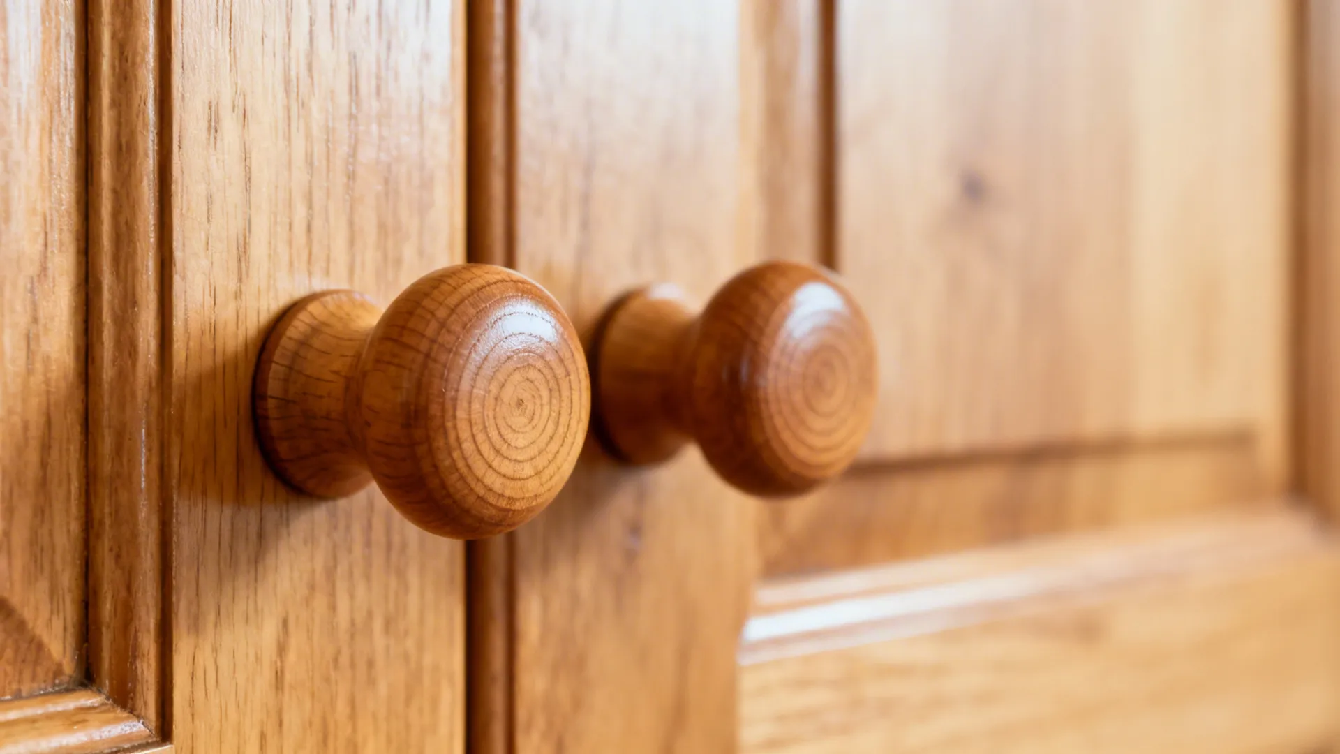 Macro of hand-turned maple knobs with a natural oil finish on shaker cabinet doors.
