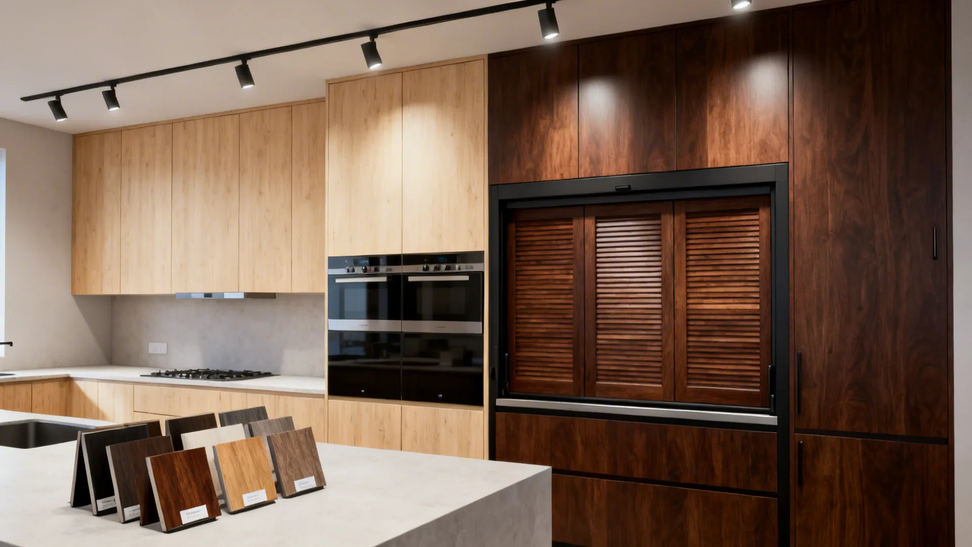 Exhibit kitchen showing pale maple cabinets with a darker walnut shutter and matte hardware.