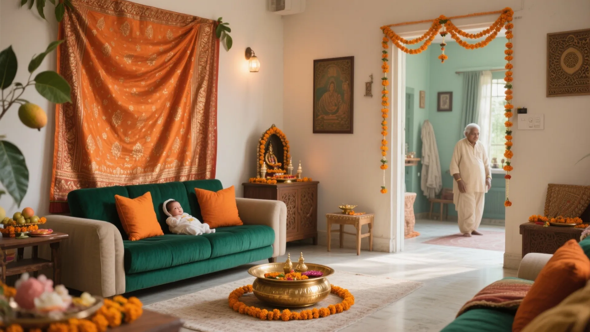 Traditional living room with green sofa, orange cushions, baby, flower decorations, and senior man walking