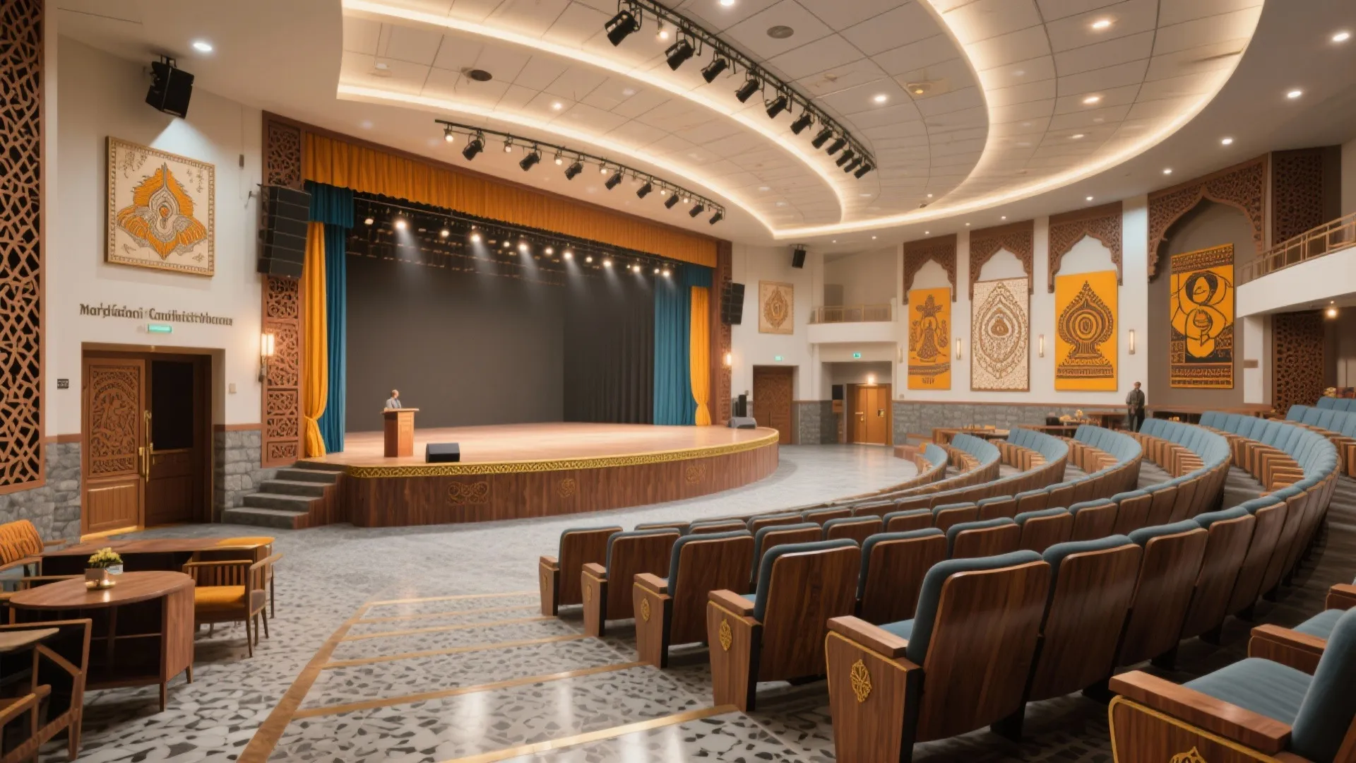 Large hall featuring wooden stage podium blue theater seats yellow wall banners and bright lights
