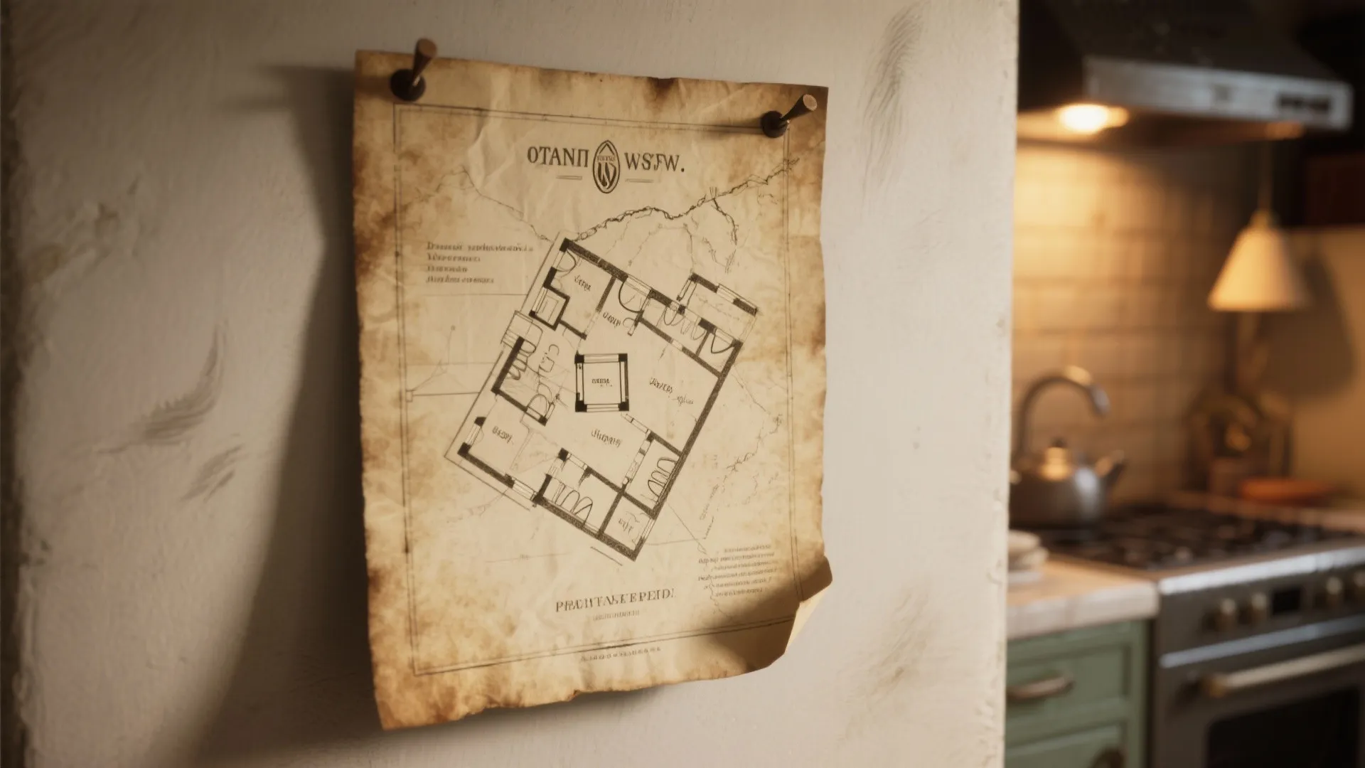 Vintage paper interior design drawing pinned on wall with kitchen stove and warm light fixture