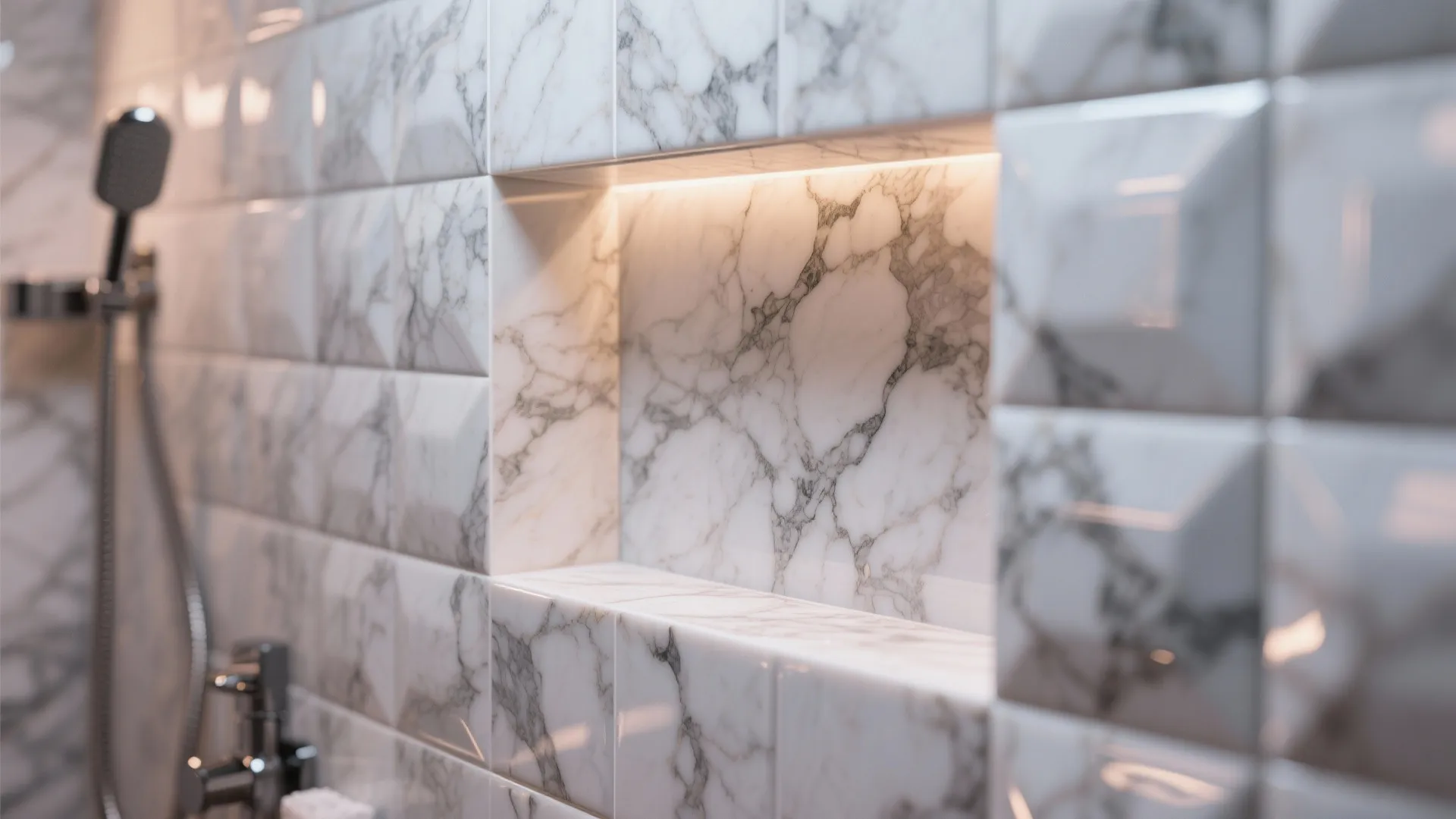 White marble wall tiles with a small recessed shelf and warm hidden lighting in bathroom