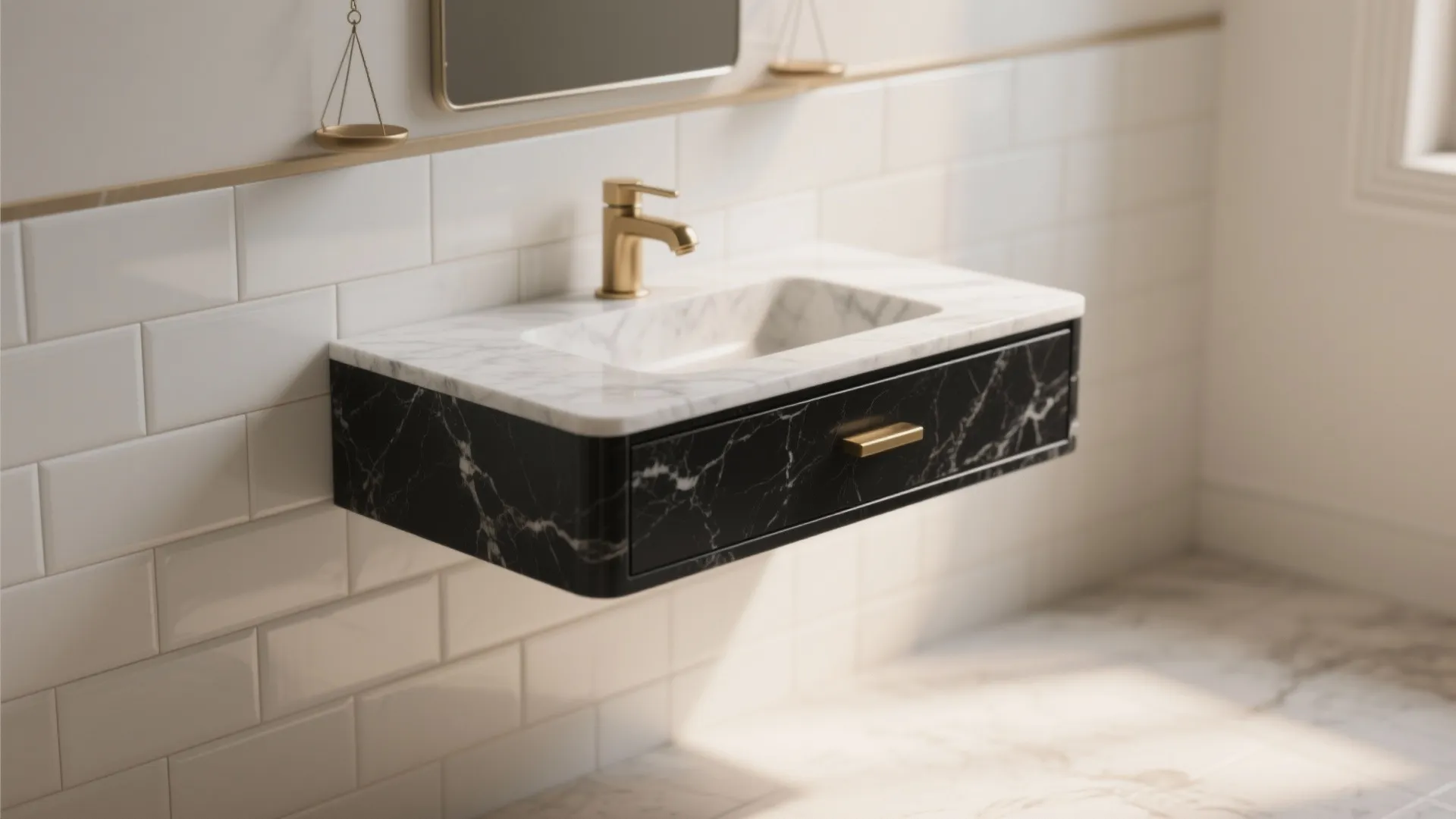 4. Marble accent vanity against light tiles