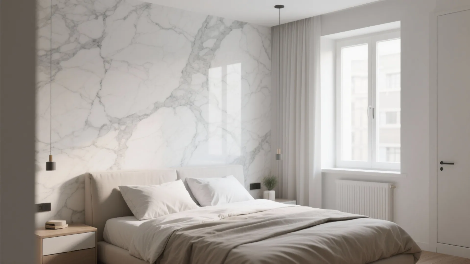 Bright bedroom featuring large marble wall panel white bedding minimalist nightstand and simple grey hanging light