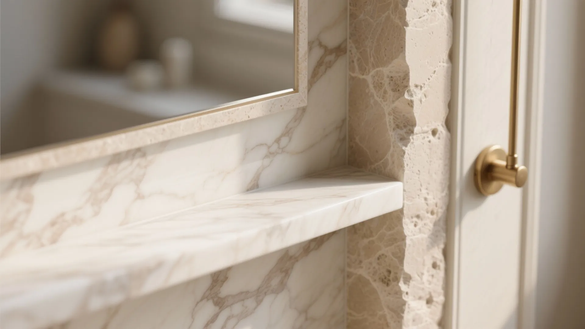 Close up of marble bathroom shelf and wall with rough stone texture and gold handle