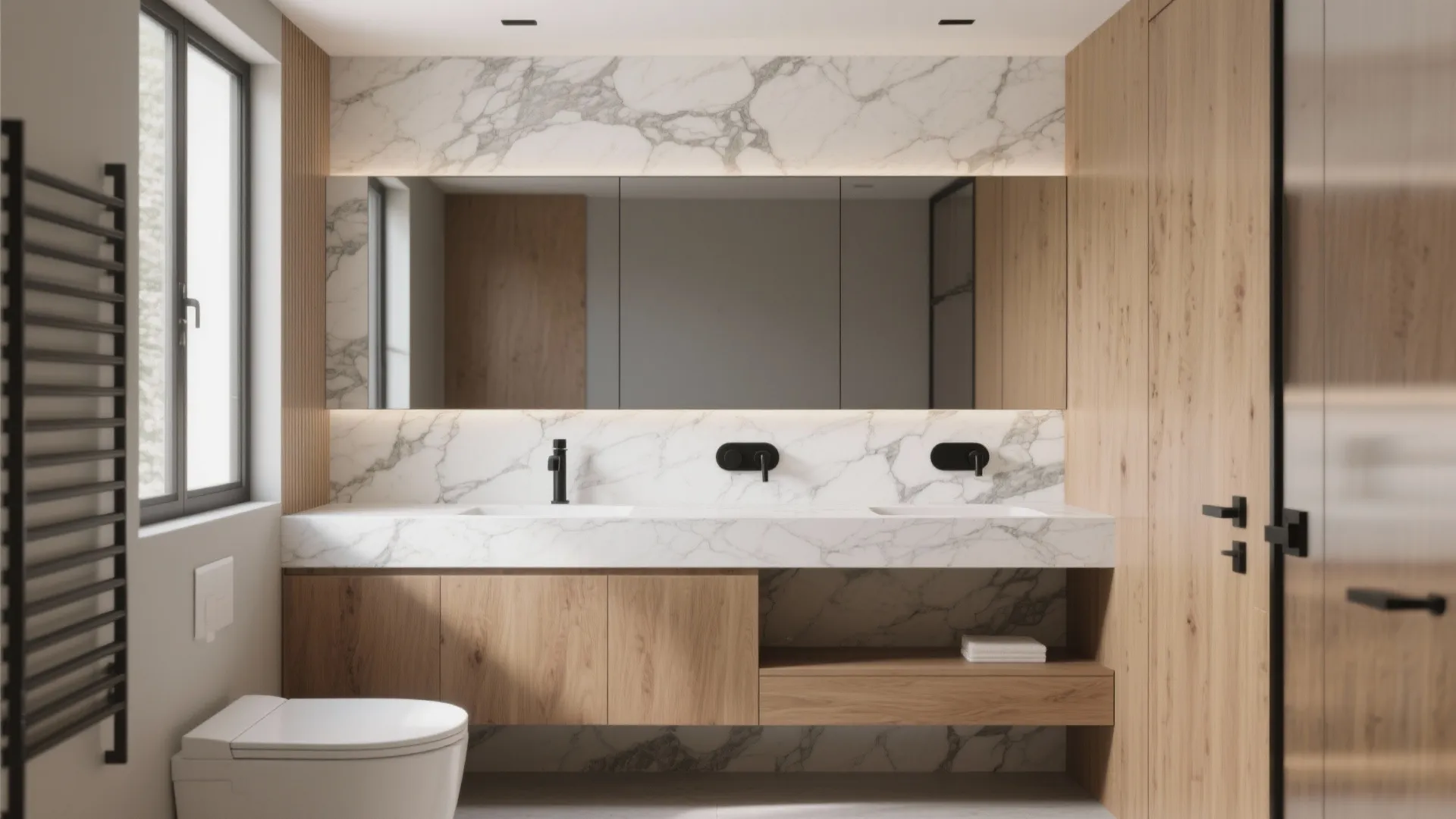 Modern bathroom with white marble wall panel wood cabinet large mirror black faucets and white toilet