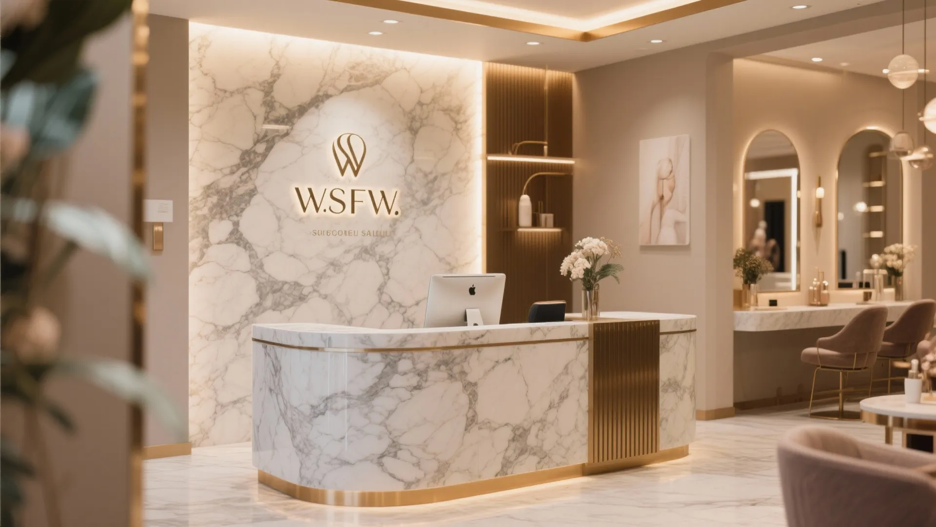 Luxury reception area featuring white marble desk wall panel gold accents and warm indoor lighting