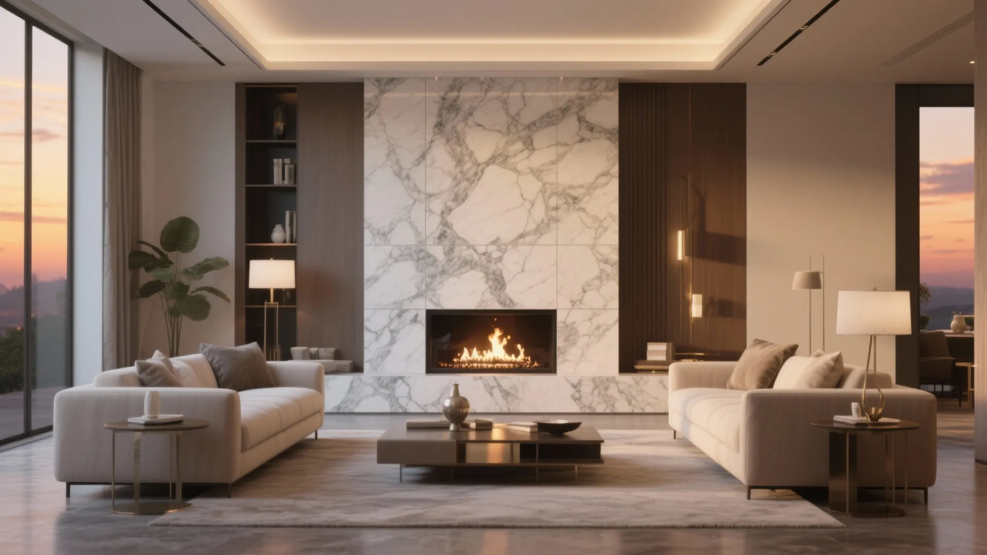 Luxury living room with marble fireplace wall white sofas coffee table and sunset window view