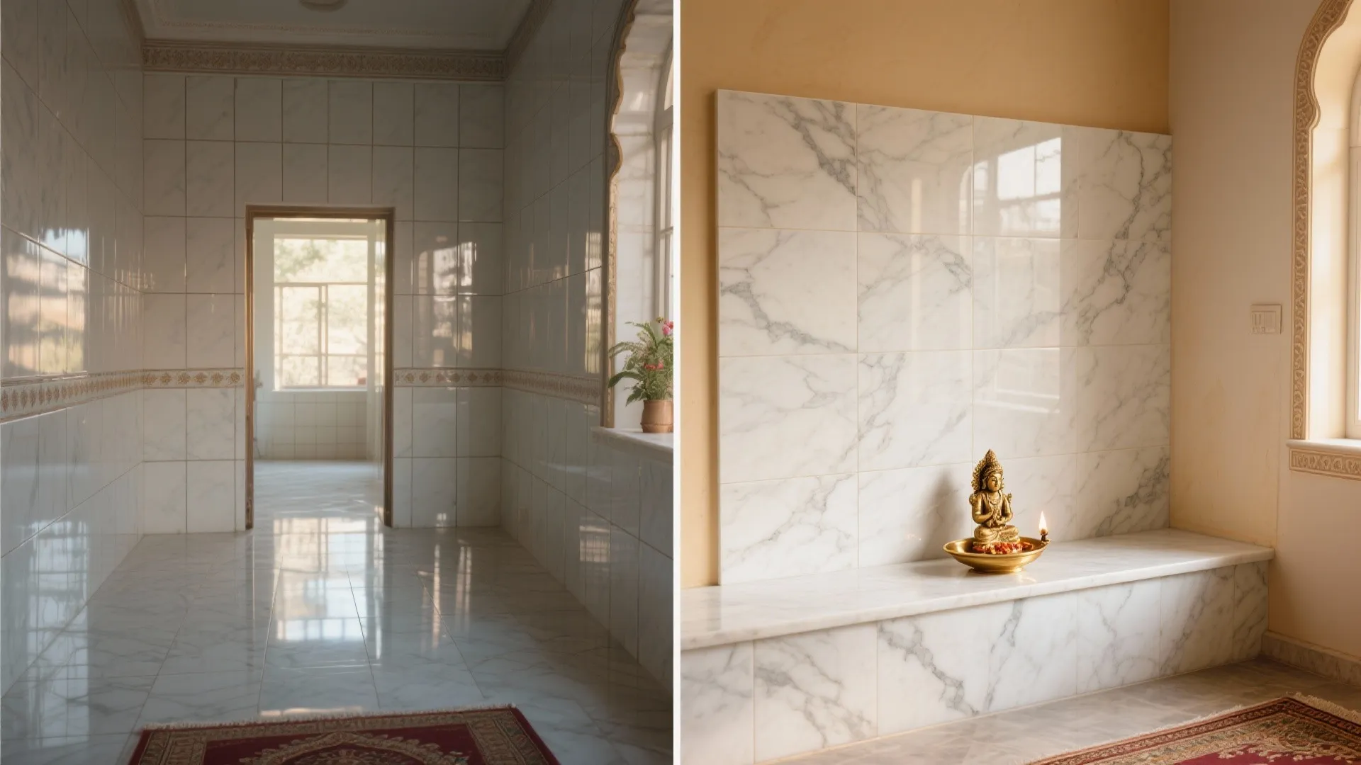 Before-and-after showing honed marble ledge and marble-look porcelain backdrop reducing glare.