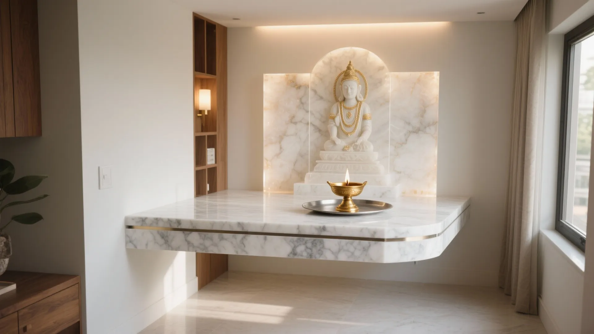 White marble altar with Buddha statue golden oil lamp floating shelf and warm soft back lighting