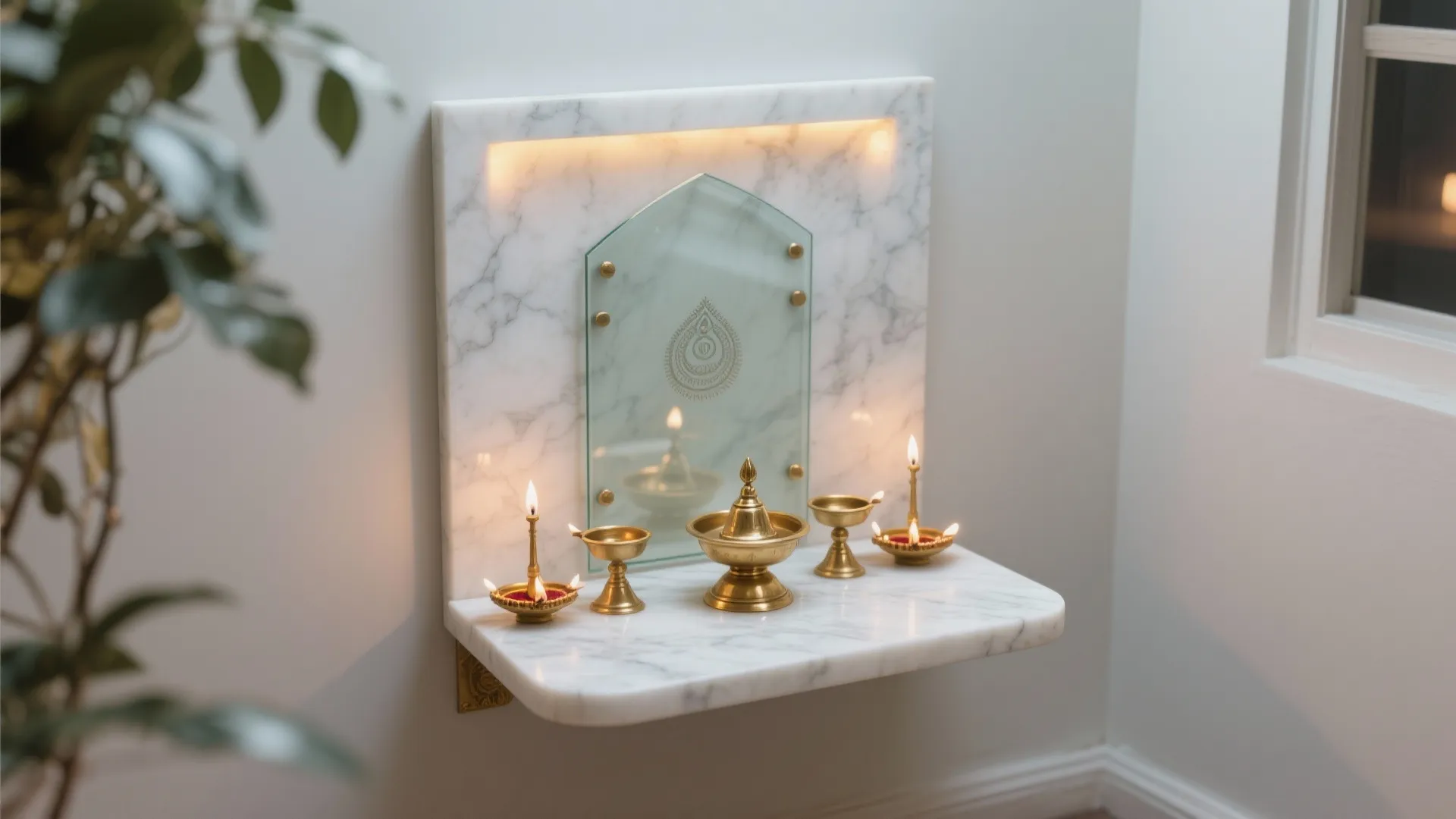 White marble wall shelf with brass oil lamps and glass panel design in lit corner room