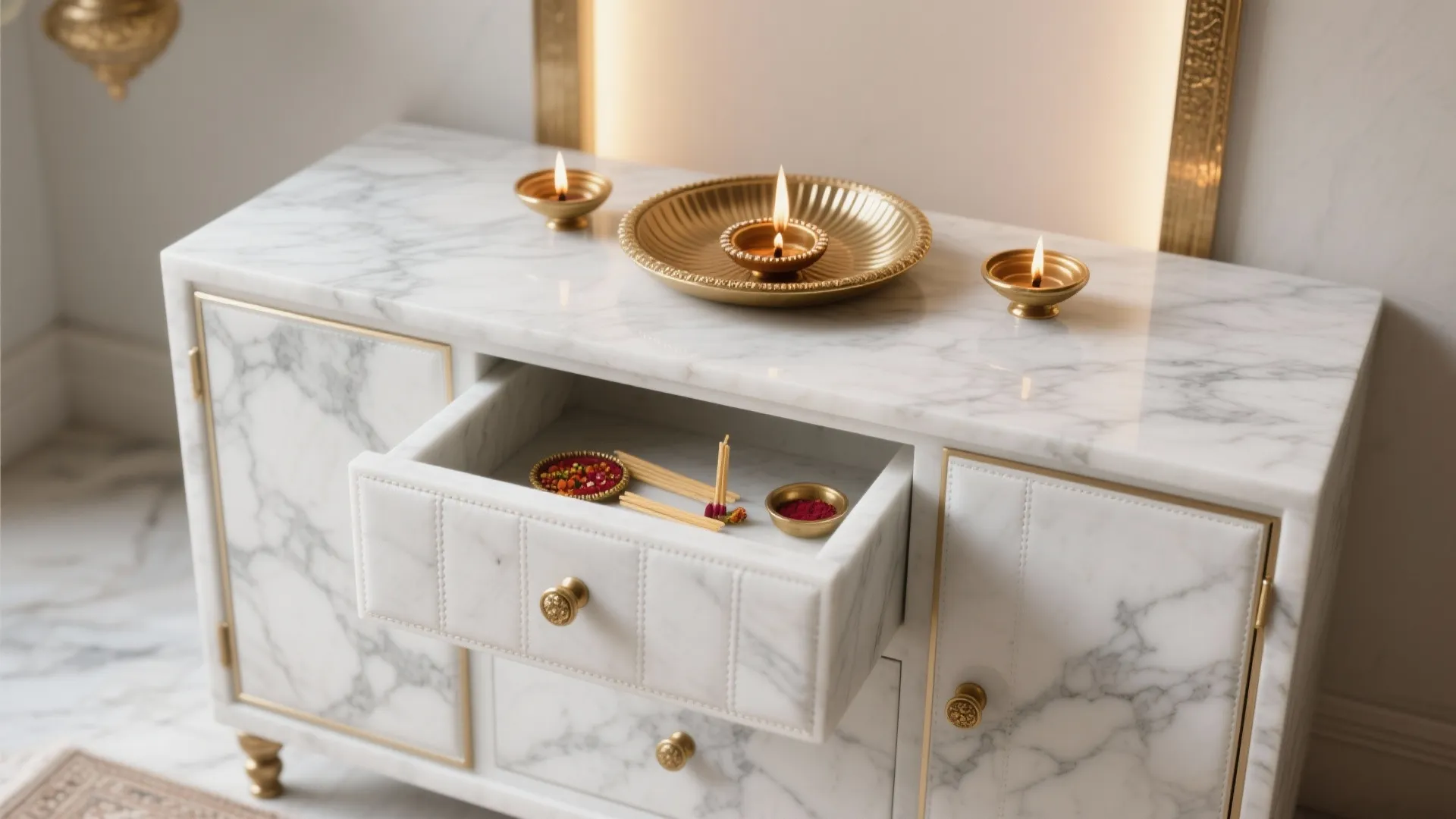 Monochrome Marble Altar with Brass Accents