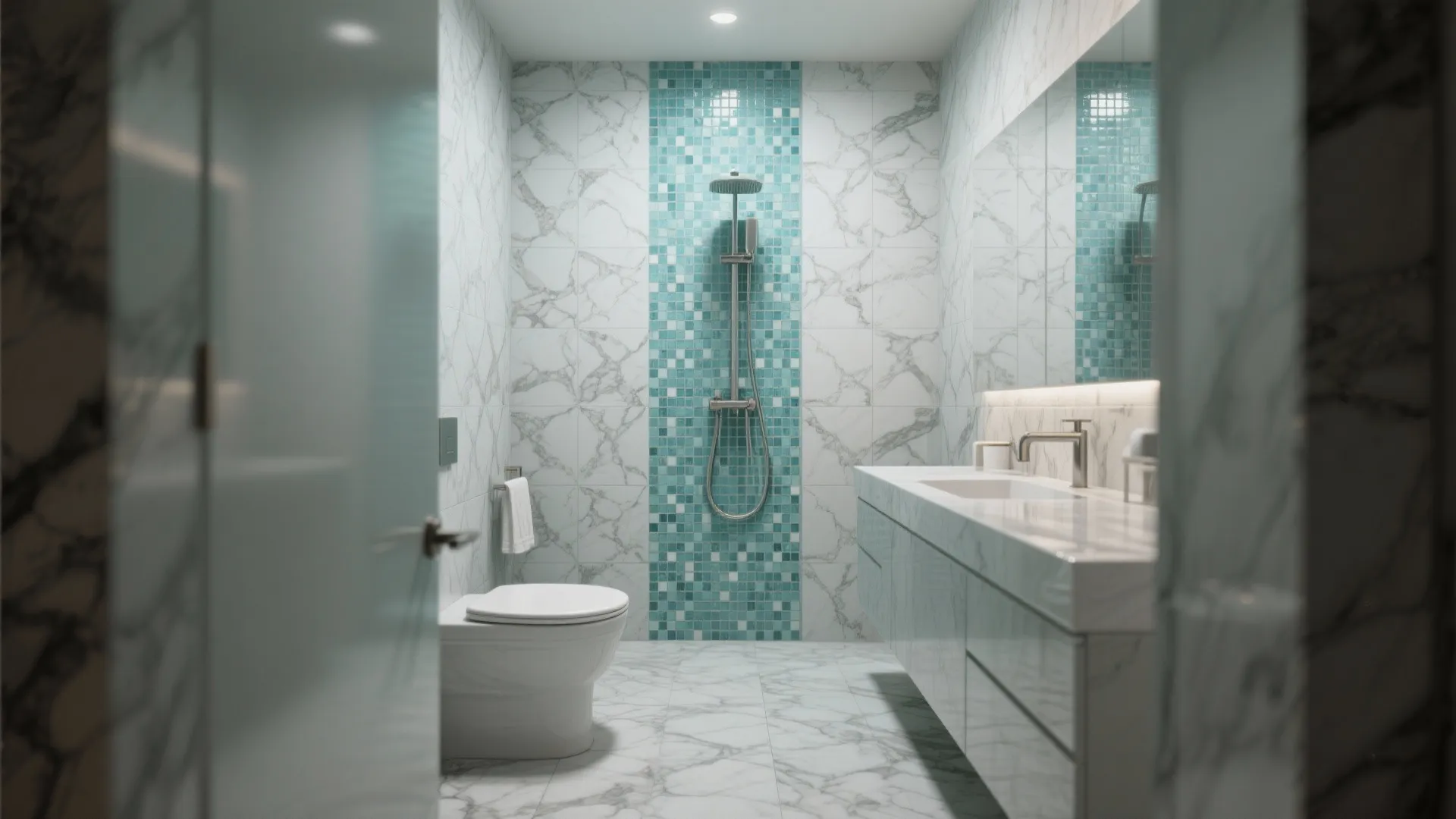 3. Marble Gray Pattern with Aqua Mosaic Feature Wall